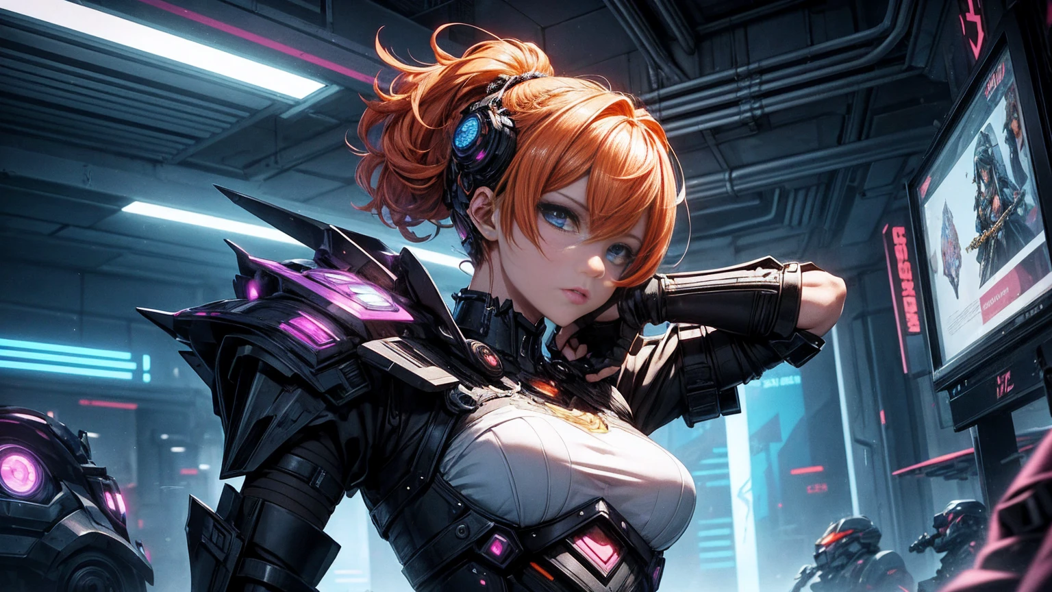 A beautiful princess with short orange hair, dressed in cyberpunk armor, wields a medium-sized sword. Her face is hyper-realistic and incredibly detailed, with bright, dramatic colors that evoke a vaporwave and retrowave aesthetic. The background is an art track, full of colorful and intricate details. The overall image is extremely detailed and presented in UHD 16:9 format.