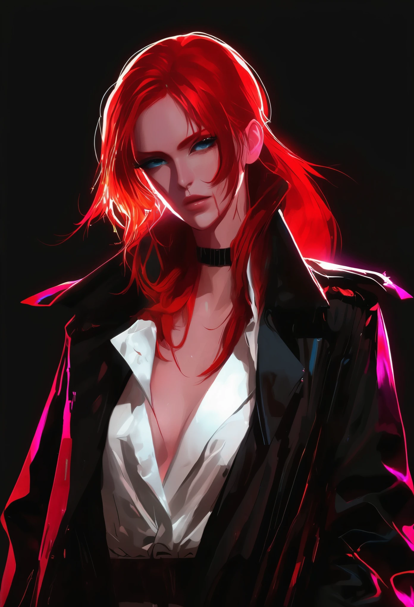 Beautiful Beauty White Trench Coat Deep V Movie Lighting Anime Character Redhead Lighting Effects 2D Hook Line Cyberpunk Black Background