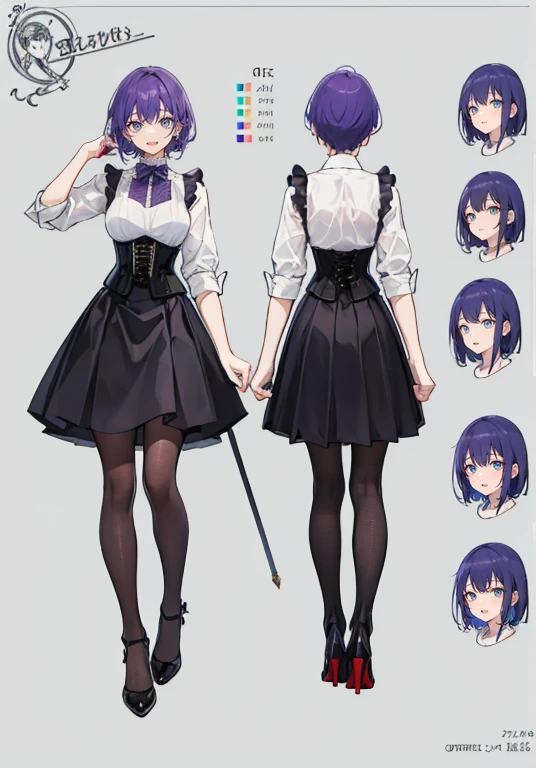 Purple hair,short cut,Adult female,Bartender,((Rolling up your sleeves shirt)),(Corset),(Tight skirt),High heels,((Simple background)),Smile,((Full body)),((whole body)),Character Sheet,