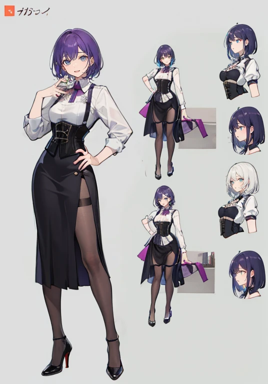 Purple hair,short cut,Adult female,Bartender,((Rolling up your sleeves shirt)),(Corset),(Tight skirt),High heels,((Simple background)),Smile,((Full body)),((whole body)),Character Sheet,