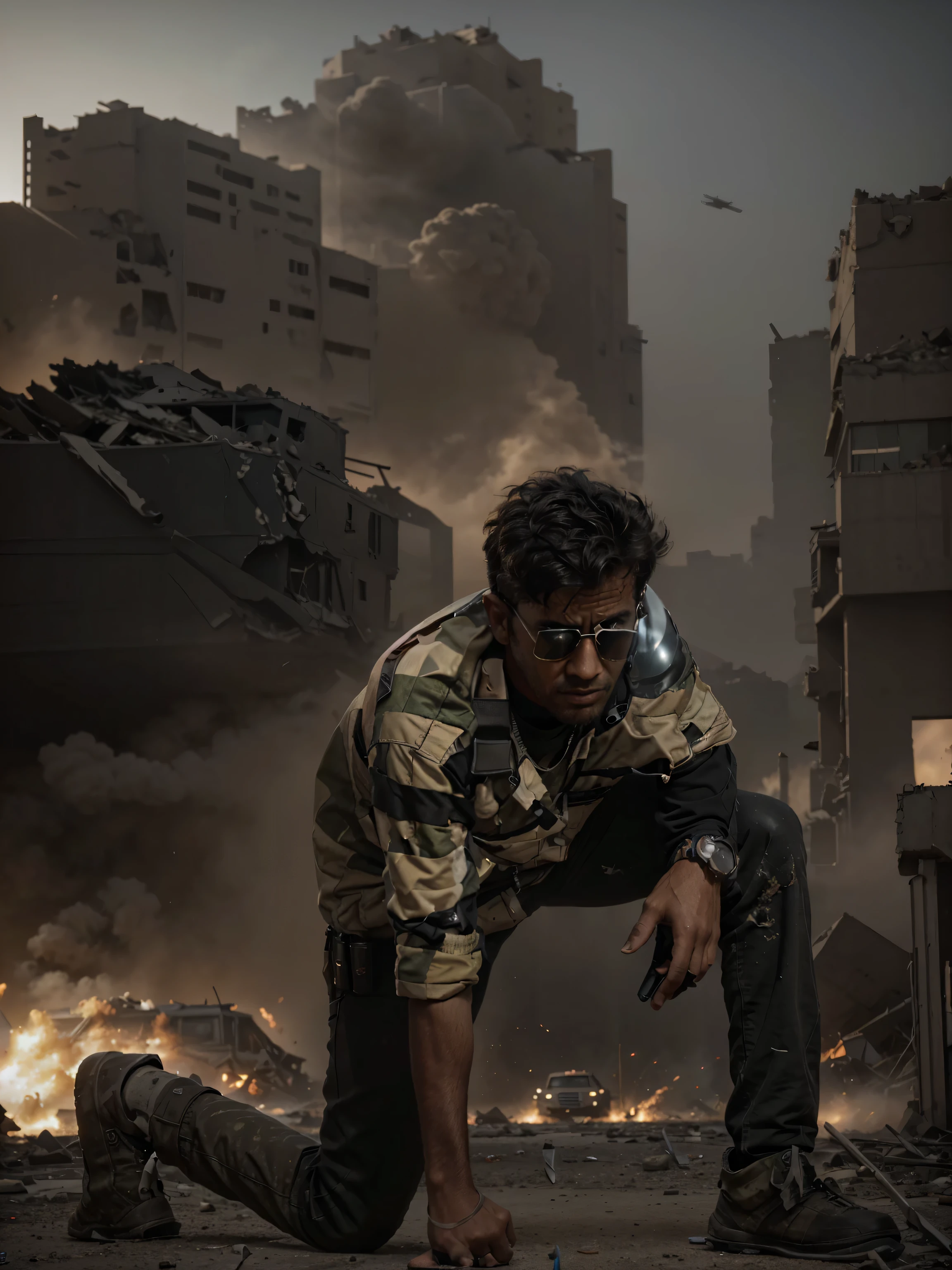 Visible brightness Man with rifles, Damaged buildings, Dust and smoke, Explosions, Debris, Helicopters flying low, Dynamic camera angles, Dramatic lighting, Dark and desaturated colors, Film grain, War-torn landscape, Ruined vehicles, Intense action, (highres), (realistic:1.37), Cinematic war zone atmosphere, (dystopian:0.9) 4K quality , perfect lighting , no helmet 
