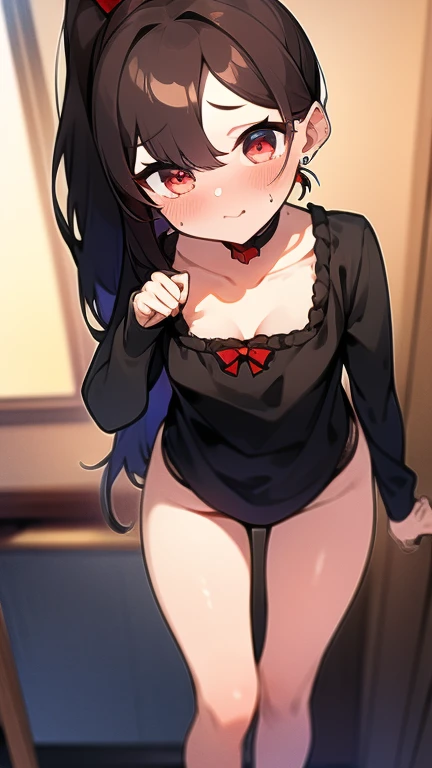 Adulta joven, Cabello negro ondulado, mirada penetrante con ojos profundos de color rojo, estatura promedio, Silky hair with a ponytail hairstyle collected with a red bow with two white lines, tiene pechos, primer plano, Session, standing in the middle of his room [[[[pervertida]]] , Sonrojada, mini dress transparent lingerie, NSFW