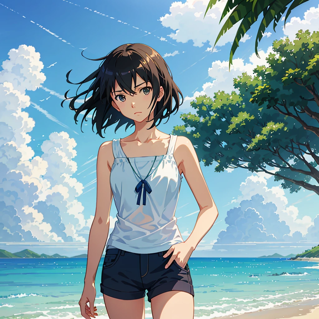 summer, makoto shinkai'Concept Art, tumbler, Magic realism, Beautiful anime scene, Beautiful sky. by makoto shinkai, ( ( makoto shinkai ) ), Anime Background Art, Anime Background, makoto shinkai'style, Anime movie background, Galaxy Express, No humans. --v6