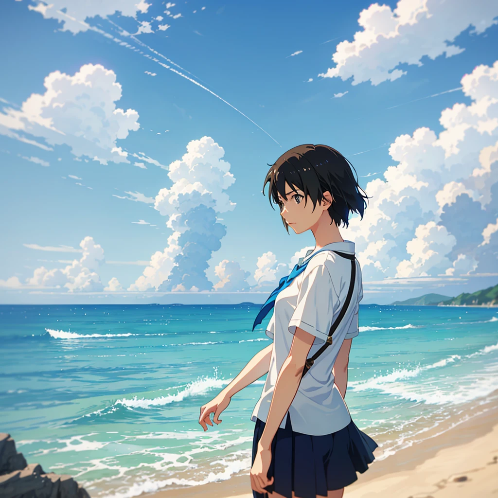 summer, makoto shinkai'Concept Art, tumbler, Magic realism, Beautiful anime scene, Beautiful sky. by makoto shinkai, ( ( makoto shinkai ) ), Anime Background Art, Anime Background, makoto shinkai'style, Anime movie background, Galaxy Express, No humans. --v6