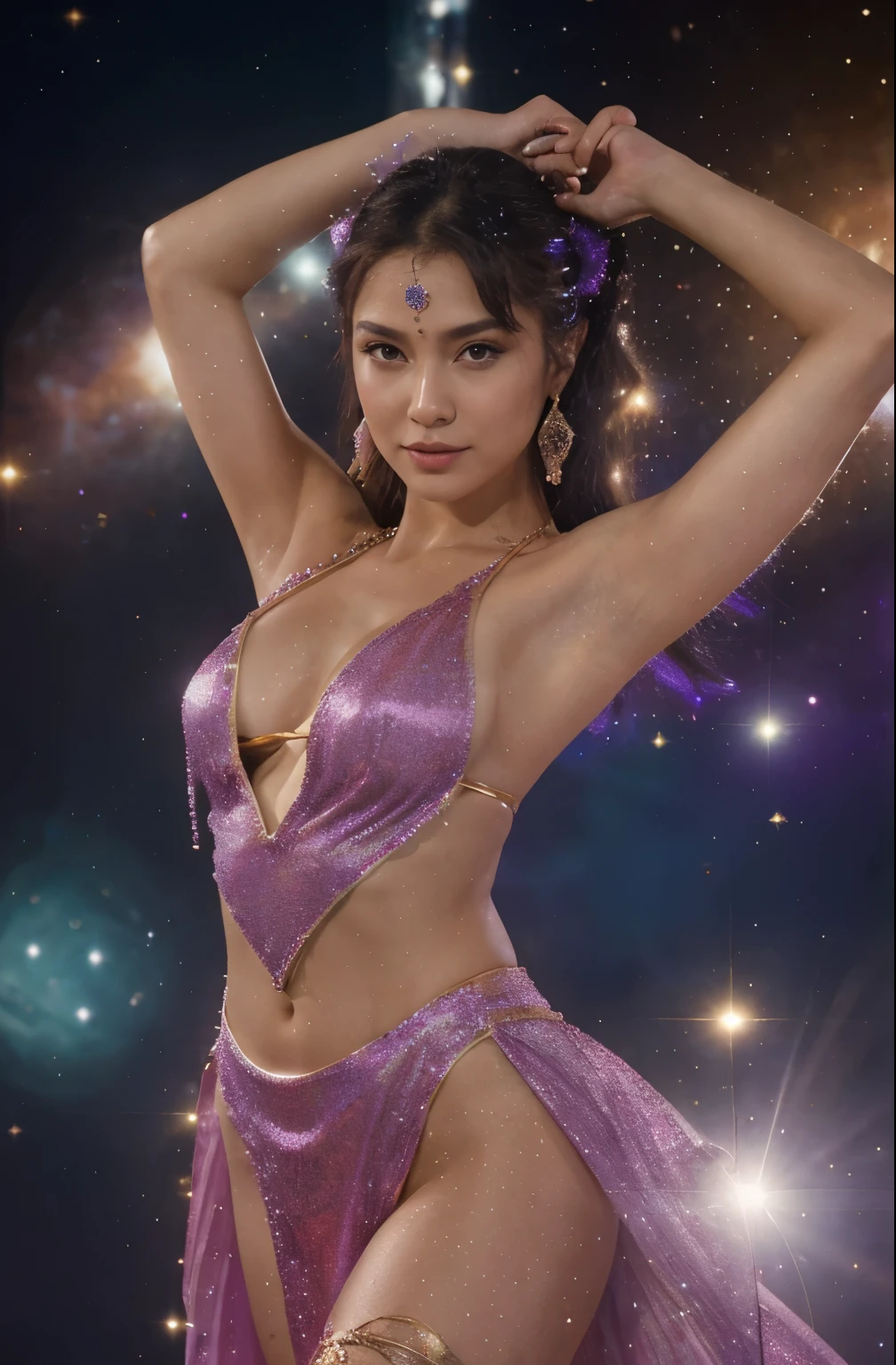 Beautiful girl star dancer, oriental costume with gems, dynamics of dancing among the stars, galaxies, Space around, galactic nebula, unearthly open outfit, Clividge, glitter, radiance dispersion, shiny particles, ultra-detailed, Cinematic