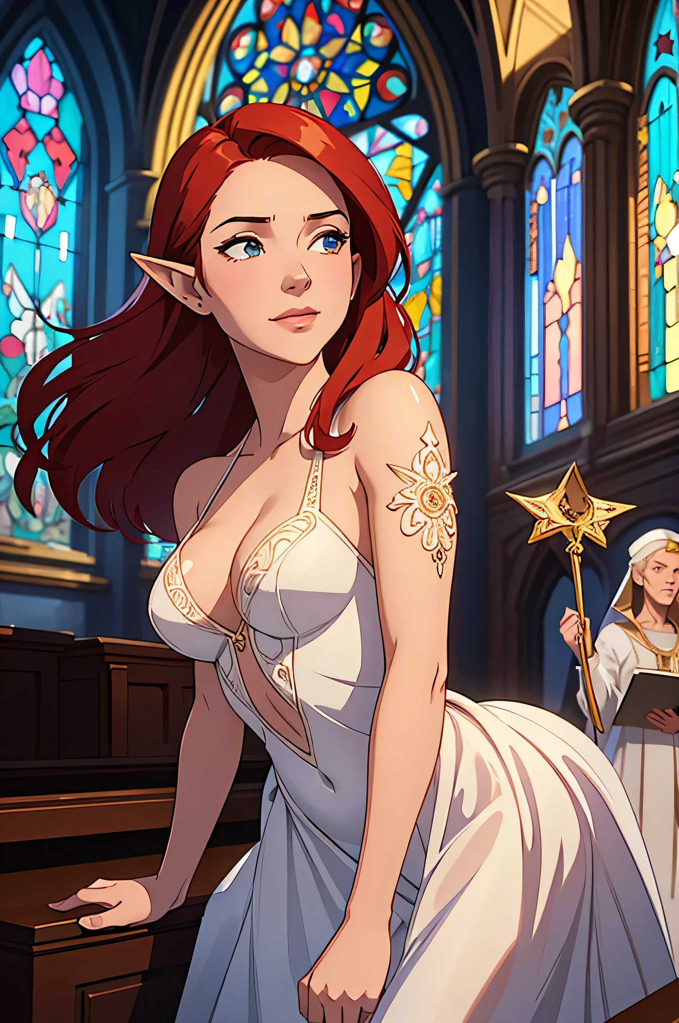 Masterpiece, digital artwork, A gorgeous redhead elf, ornate wedding dress, glass painted windows in church, stars, elegant portrait,  celestial allure, captivating gaze, artistic embellishments, timeless charm, dreamlike atmosphere, natural beauty, art by Jackie Droujko, Thomas w Schaller, Sylvain Sarrailh, Ilya kuvshinov , highly detailed, intricately detailed, dynamic volumetric lighting, smirking , cleavage, navel, bouncy butts,