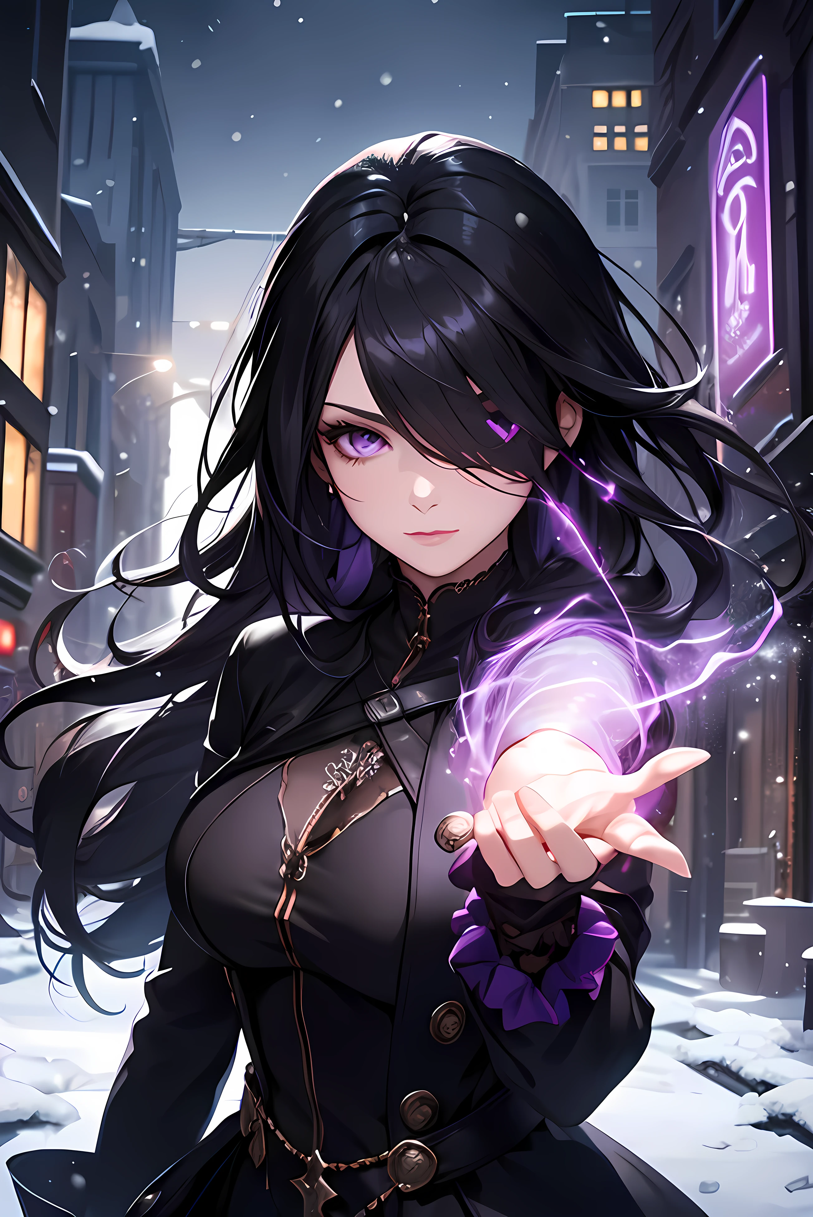 woman with black hair with purple magic in one hand, blindfold, long and black clothes, fantasy digital art, natural lighting, perfect face, (masterpiece), best quality, snow effect, snowy city background, night,