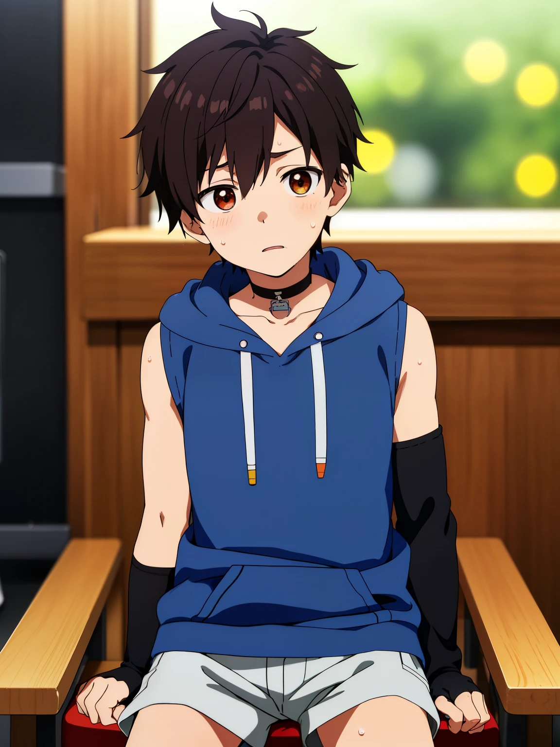 Highres, Masterpiece, Best quality at best,Best Quality,hight quality, hight detailed, 1boy, Boy,Fluffy hair, Side bangs, Shota, Sweat, Sleeveless hoodie, Choker, Glove, Sleeve cover, Collarbone, Depth of field, Anime screencap style, thin line, Sitting on the chair, Seen from the front, Little sweat, Kpop, Cute boy, (very small and short stature), (very young boy), 12-year-old boys, Blurry and simple beckground, bokeh, Uhd