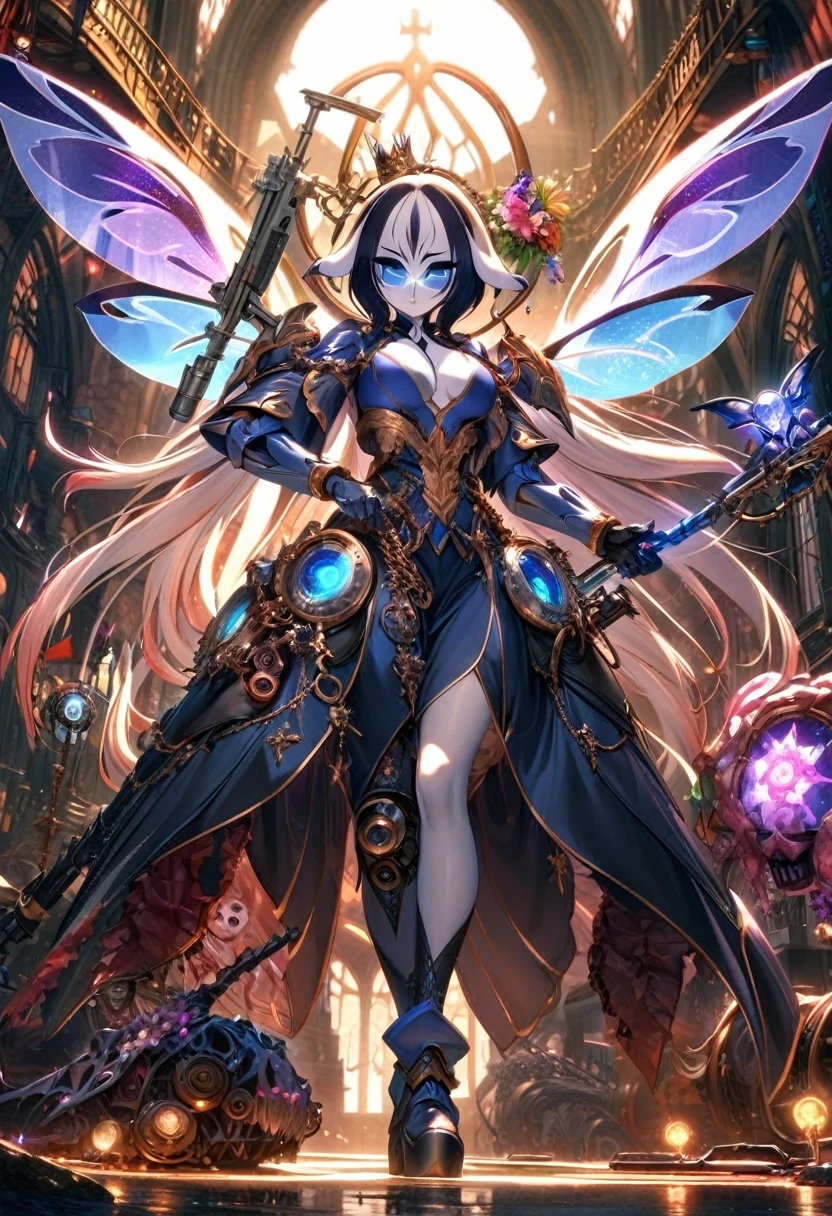 (shylily/(Twich/):1.5),(masterpiece:1.2),(best quality:1.2),Super detailed, Wheels within wheels, 8k, HDR, wallpaper, Movie Lighting, (Glowing red, Cross Glow, Blooming flowers)), gun, (Shooting Stance), glow, crown, armor, Glowing red eyes, Metal Mecha, Metal Wings, Fantastic transparent wasp skull parasitized by jellyfish)), Abstract twisted jellyfish tentacles, altar, Transparent tentacles above the skull, (dark sunglasses, Highly reflective lenses, Rainbow around the skull), The vibrant circular composition only illustrates the influence of various structural forces. (Steampunk decorative elements, gear, and other elements). pointer, Chain decoration combination,