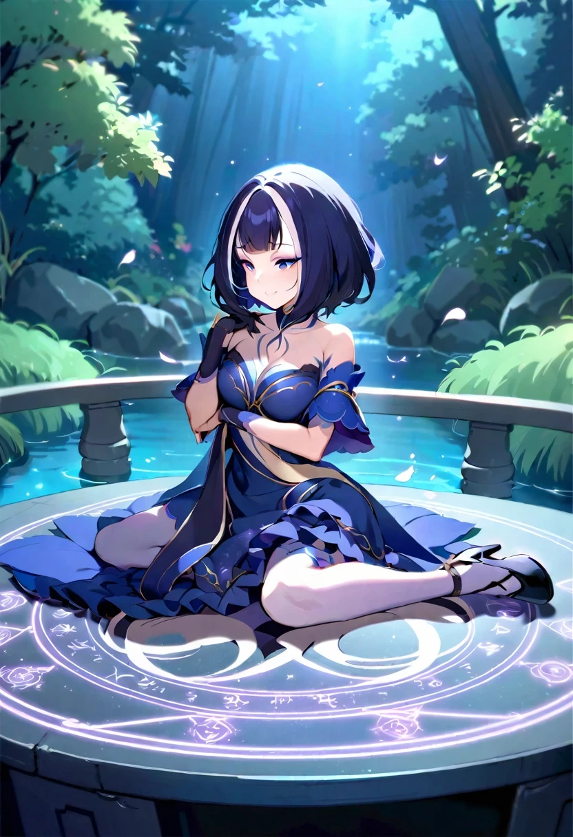 (shylily/(Twich/):1.5),(masterpiece:1.2),(best quality:1.2),(On the table, best quality:1.2), 1 Girl, Solitary, Lovely, Kawaii, The art of math, Magic Circle, Super short hair, Delicate eyes, Exquisite makeup,Ruffle dress, Black color scheme, High heel, Black gloves, large gemstone necklace, Tira, Wave your wand,forest,wing,Trees, moss, Moonlight shines through the leaves, Falling leaves, Soto, The Boulder, river, bridge, night clouds, Starry Sky, windy, Rustling Leaves,