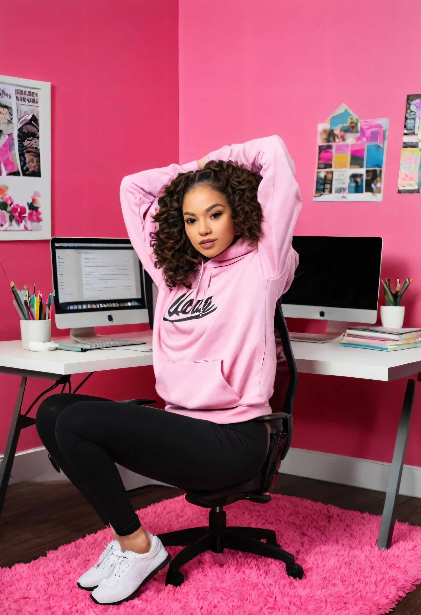 Create an image of a beautiful light-skinned Puerto Rican woman with long, curly hair, sitting at a desk in a pink and black themed room. She should be wearing a comfortable outfit, such as a hoodie and leggings, and her hair should be cascading down her back in loose, bouncy curls. The woman should be sitting in a desk chair, but her head and arms should be laying on the desk, as if she is feeling overwhelmed or exhausted. Her Apple computer should be open in front of her, with a busy desktop and multiple tabs open. The room should be cluttered with books, papers, and other study materials, and there should be a few scattered pink and black decorations, such as a rug, a vase, or a wall art piece. The overall atmosphere should be one of cozy chaos, with a sense of warmth and comfort despite the clutter and disorganization.