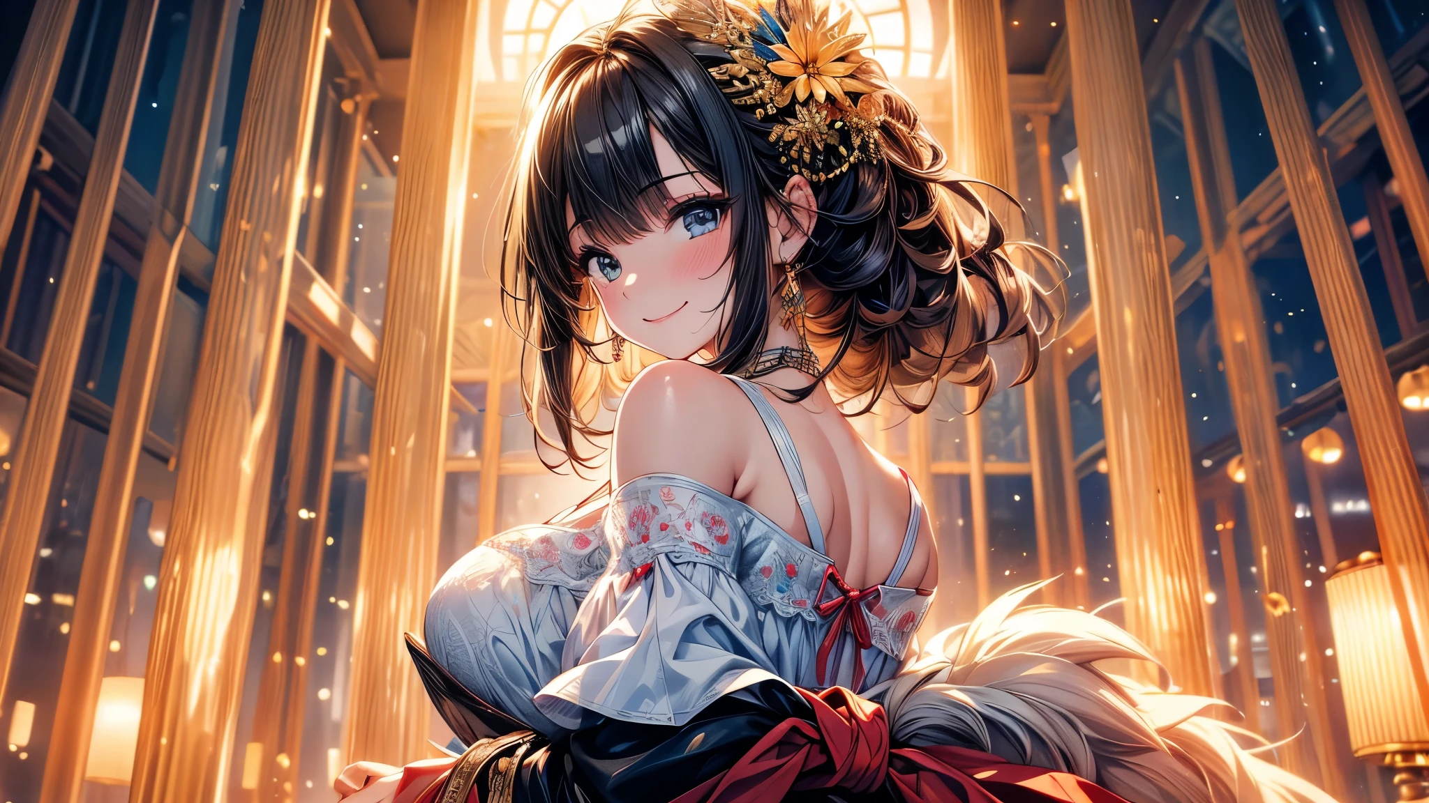 best quality, masterpiece, Ultra-high resolution, Reality, 1 Girl, Off-shoulder, Smile