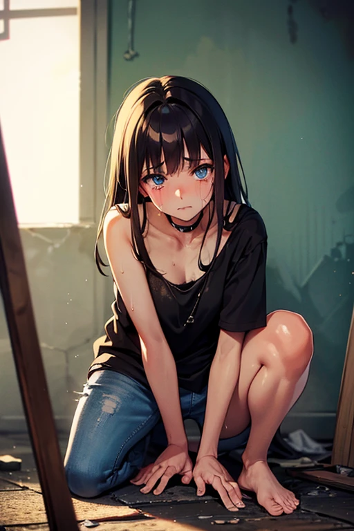 A young skinny brunette girl with blue eyes is on her knees in dirty, leaky clothes and crying in a drug den; high resolution