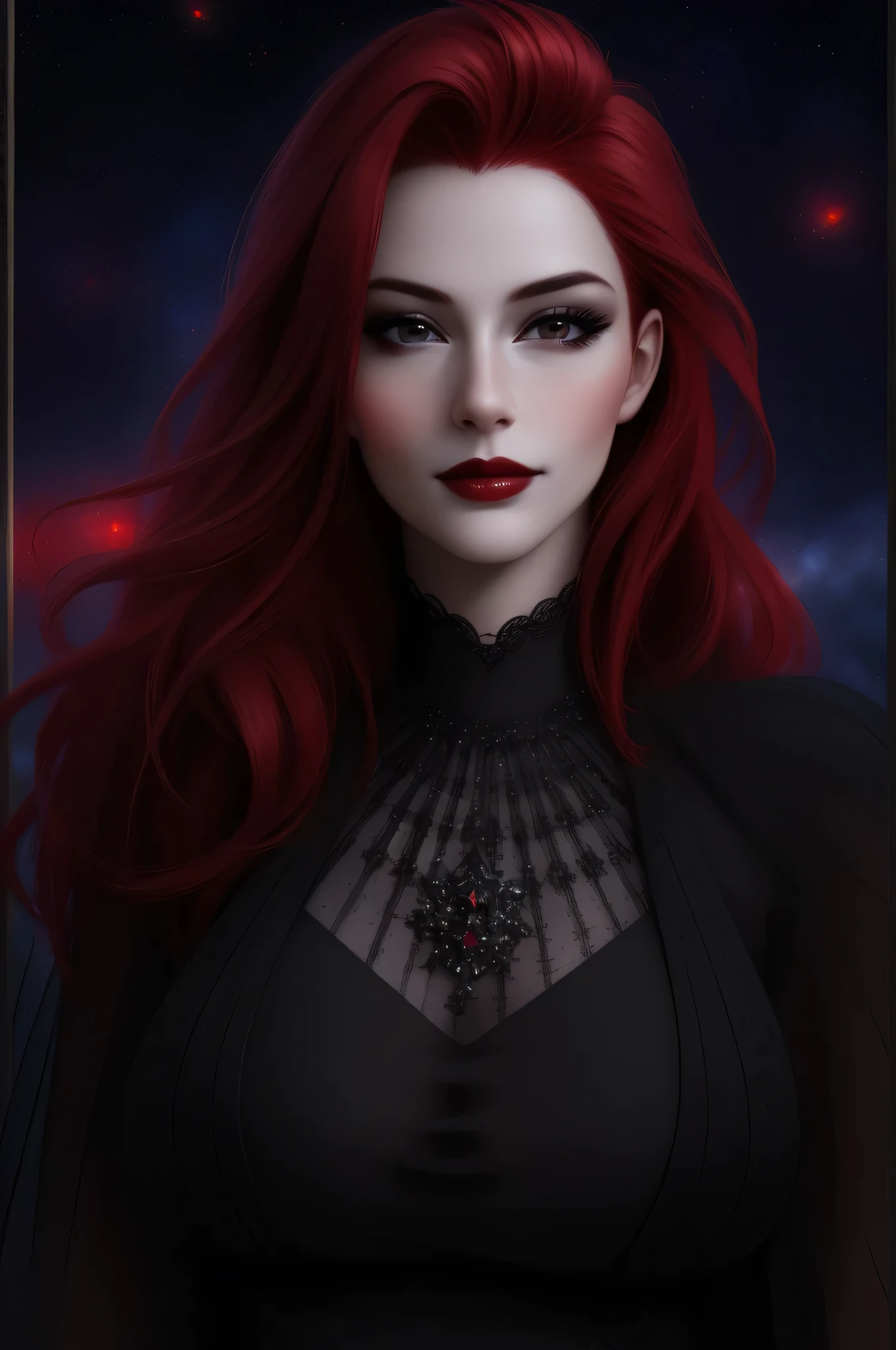 (Masterpiece - Ultra-Detailed, High Resolution) ((vivid red hair)), mature woman, 30 years old, diamond face, red starry sky background, depth of field, magic, big red lips, ((dark and black eyes)) black and red long and full dress, covered chest, mystical atmosphere, ominous shadows, Intense blue aura, Intense red aura (best quality:1.2), absurdres, intricate details, (highly detailed skin:1.2), smile expression, posing, taut and well defined body, attractive. Highly realistic, pale skin, beautiful, hyperrealism, skin very elaborated, direct gaze
