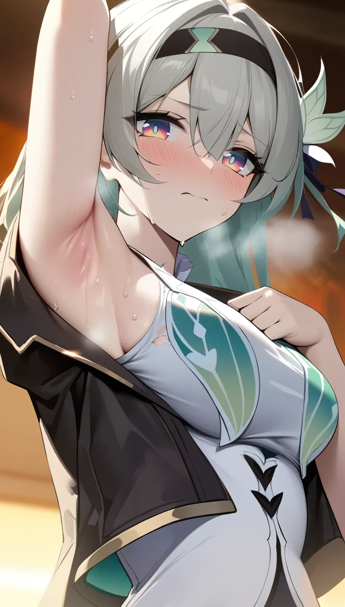 (masterpiece:1.2), hyper detail, best quality, (intricate_details:1.1), beautiful detailed, beautiful hair, solo,1girl,FIREFLY \(HONKAI: STAR RAIL\),1GIRL,SOLO,JACKET,WHITE FLOWER,HEADBAND,(one hand wipe sweat1.5),blurry_background,sweating,greasy shoulder,from below,armpit,greasy armpit,shoulder focus,((armpit focus)),bare shoulder,upper body,five fingers,singing,five fingers,((greasy armpit)),((smooth armpit)),((Pupil details)),backlighting,on Exhibition venue,fire background,((hand on chest)),((five fingers)),((Detailed armpit)),((elastic armpit)),((soft armpit)),black jacket,((jacket half of shoulder)),upper body,bare shoulder,sleeveless shirt,white shirt,((looking ahead)),((torned clothes)),((wipe sweat)),((jacket torn)),blush,closed mouth,((torned jacket)),wiping sweat from forehead,scar,heavy breathing,looking at viewer,