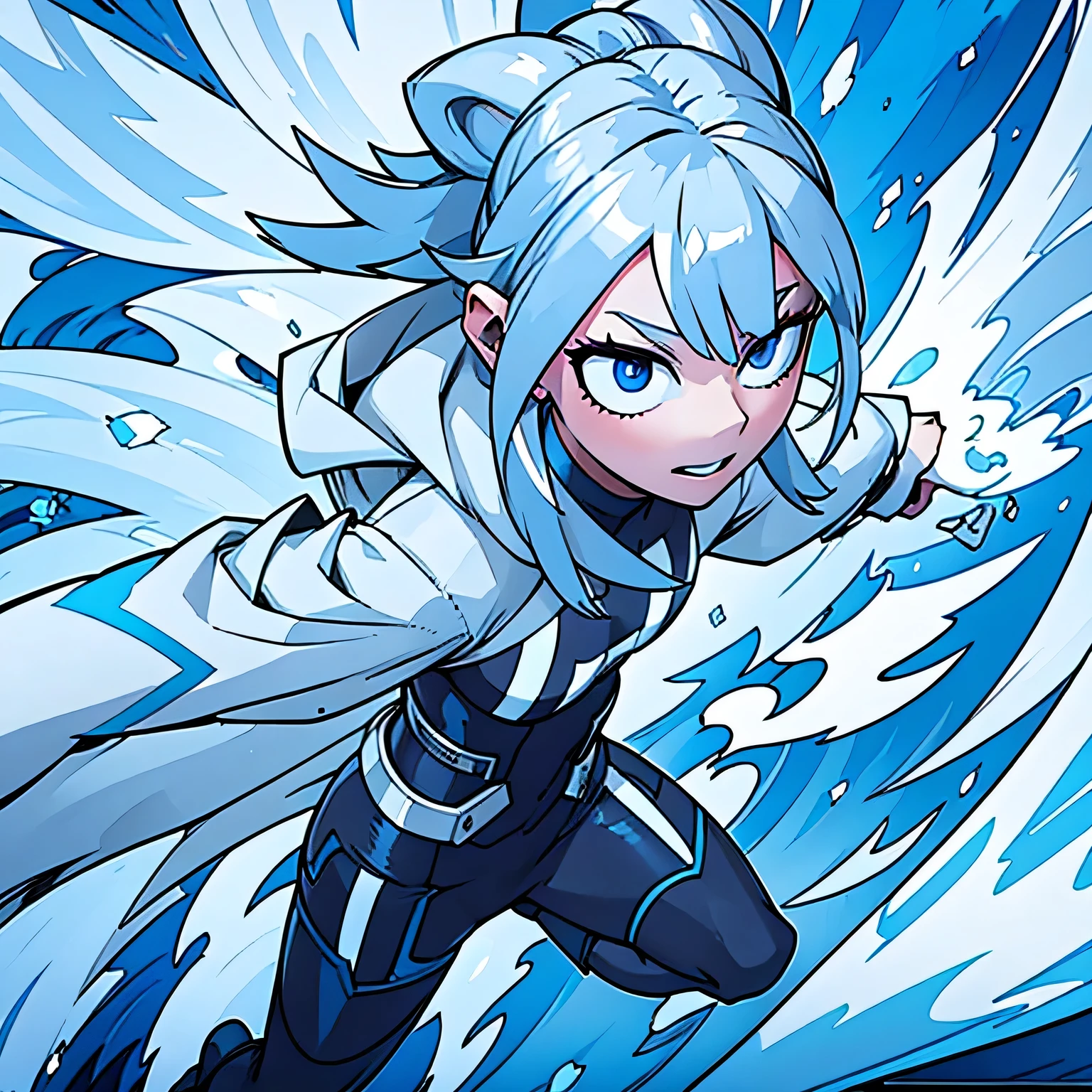 woman solo, icy blue eyes, really long light platinum blonde hair, fringe and really long hair. centralized, camera close to the face, dressed in black, black pants, white cropped, with a very blue sky, plastic glued suit, blue plastic suit, blue diving suit, fish scale, water power around you, big waves