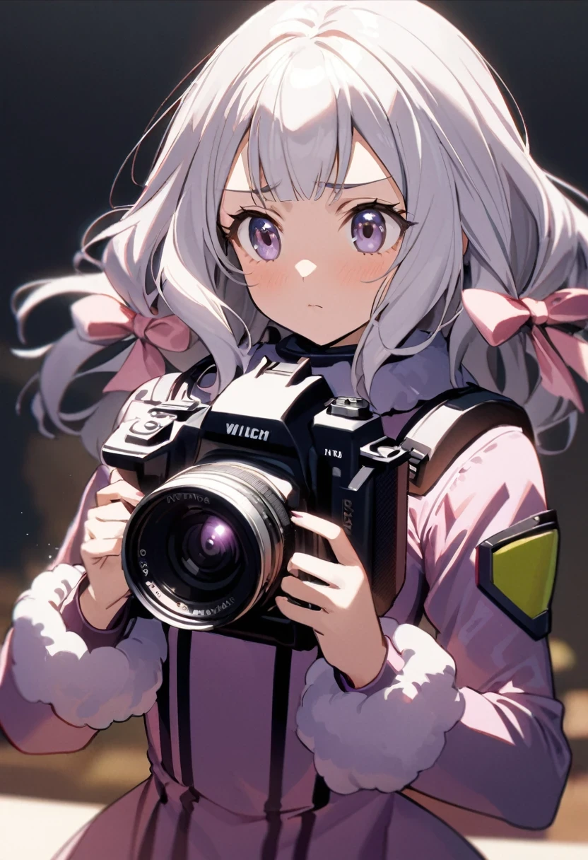 (shylily/(Twich/):1.5),(masterpiece:1.2),(best quality:1.2),absurd, high resolution, (anime style:1.1), ((On the table)),  (Super detailed), (fair),fair face、(Lift),long、，big eyes, Dense Line, Blending Mode，Cute Gothic, Mode Extension、Lovely Ribbon、Purple jumpsuit、、Simple background、Background gray,1 Girl、Purple mining suit、Cute dress、Dress with a big pink ribbon、Pink Ribbon Dress,Upper part of the body、Gothic、Upper part of the body,,Upper part of the body,magic,Simple background、Fluffy hair,medium format film camera, Natural blurred background,、Place your hands behind your body