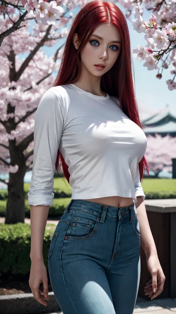 Ultra realistic, red-haired girl, seductive leaning forward detailed skin, pale-white (highlighted) skin, ultra realistic, 16k, high quality, picture-perfect, flawless, clean, masterpiece, professional artwork, detailed artwork, cinematic lighting, cinematic bloom, realistic shading, (long red hair)),(1girl, beautiful korean girl),perfect face, (young:1.1),((fit figure)),((25 year old)), beautiful face, beautiful turquoise-blue eyes (cute eyes look), detail eyes, detail face, (((perfect female body, narrow waist))),(large breasts:1.3)lora:GoodHands-beta2:1>, , ((girl standing)),upper body, white shirt and jeans skirt clothing (realistic texture), blade to side, strike pose,blade down,blade right hand,, cherry blossoms,, blurred background (masterpiece, best quality, high quality, highres, ultra-detailed), different poses at different angles.