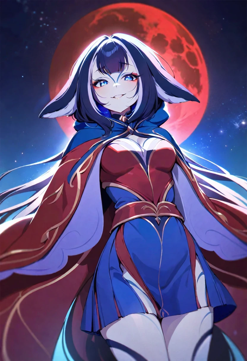 (shylily/(Twich/):1.5),(masterpiece:1.2),(best quality:1.2),Cross pupil,default_skirt,Blood red cloak,Simple background,Blood Moon,breath of death,Cold and powerful divinity,There is a sense of majesty,Starry Sky,Evil smile,Blue tint,Red decorative pattern,Red Style,Blood