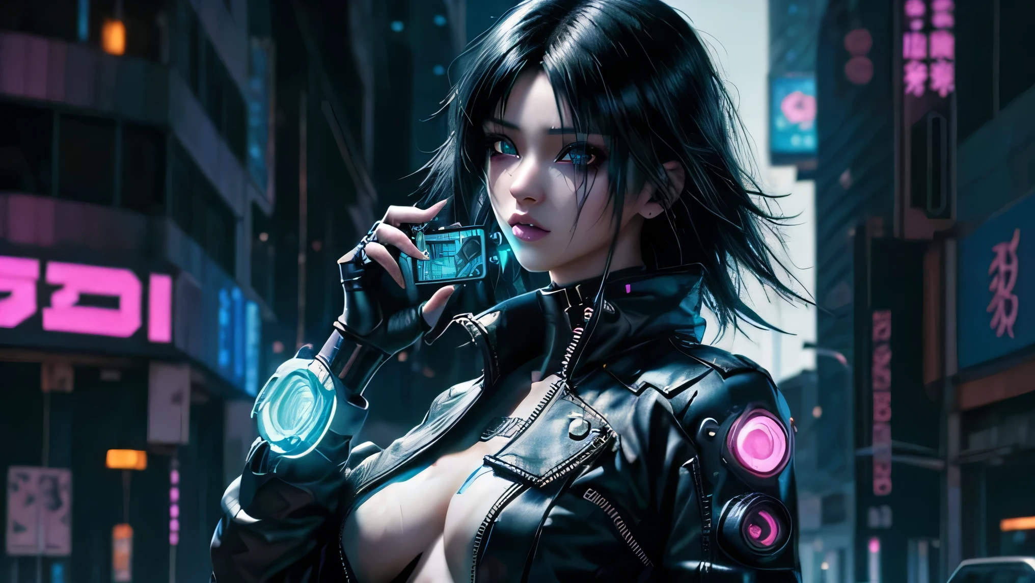 (Top Quality, 8k), Jet black haired Cyberpunk Girl, Dreamy Cyberpunk Anime Girl, Female Cyberpunk Anime model, cyberpunk 2.0 y.o. Beauty, Captivating Cyberpunk Goddess, With Cyberpunk style and Cyberpunk artstyle, Digital Cyberpunk Anime, Cyberpunk Girl in powerful pose, Ultra-detailed,

The jet black haired Cyberpunk Girl poses confidently before the mirror, holding a sleek holographic phone as she takes a selfie. Her outfit is a shining example of the Cyberpunk aesthetic – a