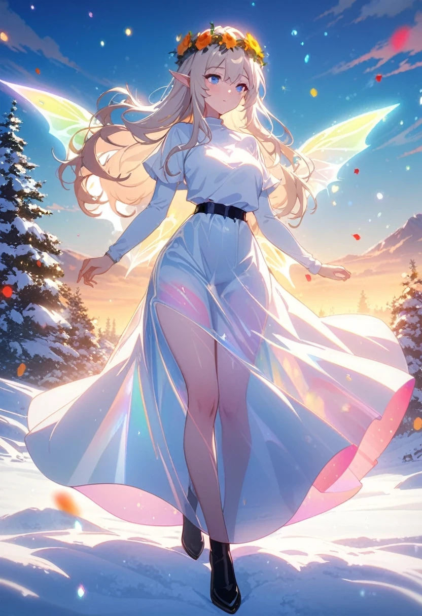wearing white shirt、Long-haired girl wearing a flower crown, Snow Scene,A beautiful anime portrait,masterpiece, A girl, cloud girl, cloud, rich and colorful, Transparent body,Glittering,Full Body Love,Long skirt,White top,Green long skirt,Transparent clothes,Elf wings,Red streamer