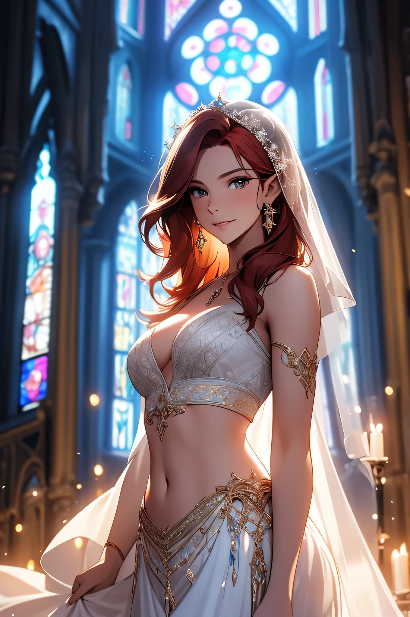 Masterpiece, digital artwork, A gorgeous redhead elf, ornate wedding dress, glass painted windows in church, stars, elegant portrait,  celestial allure, captivating gaze, artistic embellishments, timeless charm, dreamlike atmosphere, natural beauty, art by Jackie Droujko, Thomas w Schaller, Sylvain Sarrailh, Ilya kuvshinov , highly detailed, intricately detailed, dynamic volumetric lighting, smirking , cleavage, navel, bouncy butts,