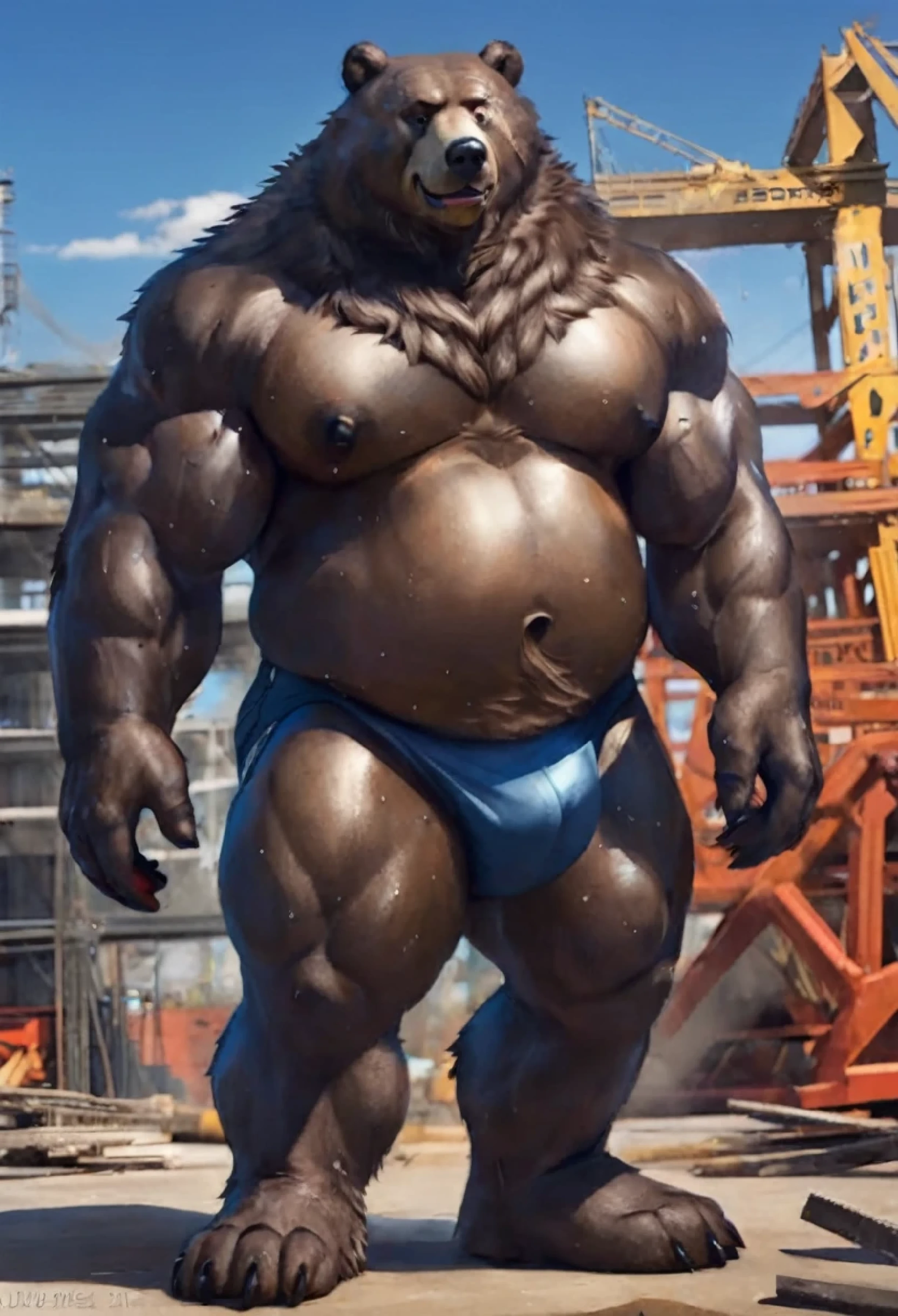 Close-up of a statue of a bear in blue underwear.., Giant bear-human hybrid, muscular werewolf, The movie is very cool and cool., Characteristics of muscles, fat, pig bear man, Wojtek Fuss, Very movie, The body is strong, strong., very muscular, Looks heavy.., The body is brown and has long fur.., Muscular and scary, The gig is strong and muscular.., Characteristics of muscless, The body is furry.. have a penis