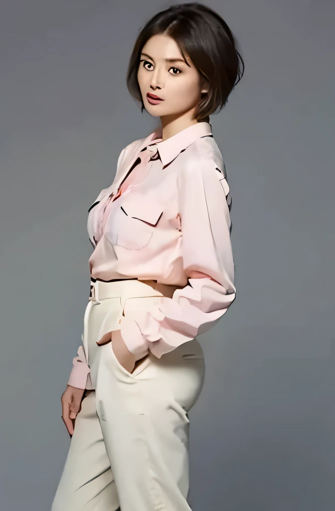 （best quality,8k,masterpiece),Studio photography, Very beautiful Japanese model,delicate skin,Realistic skin, Lip Gloss,rouge, Very short hair,pixie cut, Long sleeve，Blue military uniform，Military uniforms have pockets， Melancholy expression, Large Breasts,peach, Office Trousers, Pink trousers，Large Breasts,Full body·，side，Place your left hand on your breast,Grab the breast with your left hand， Gray background
