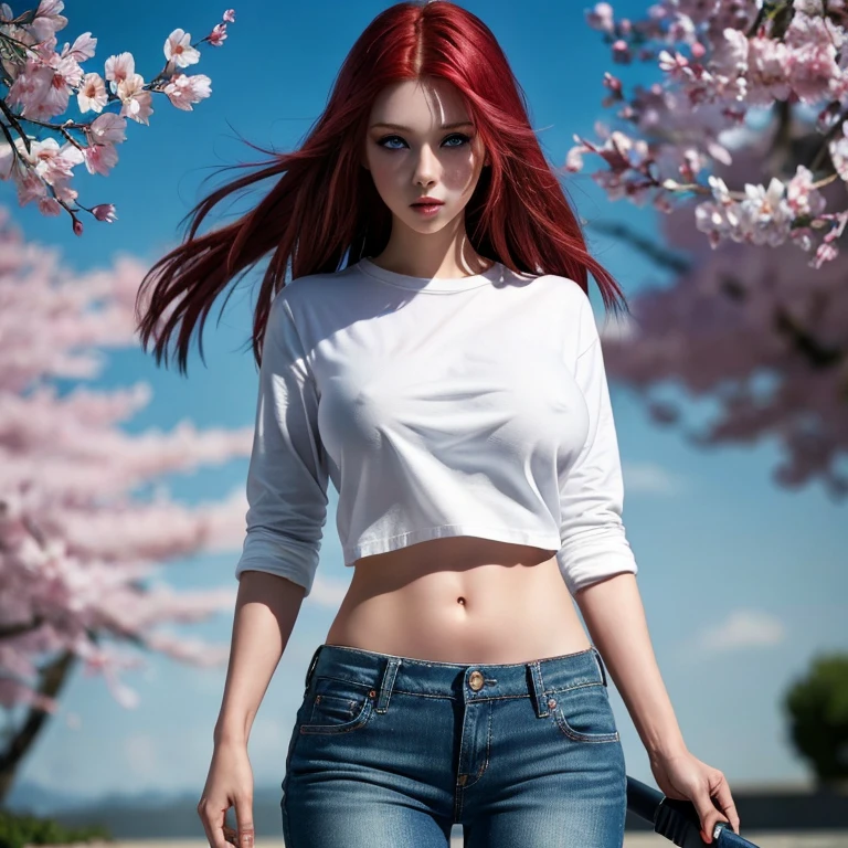 Ultra realistic, red-haired girl,  leaning forward detailed skin, pale-white (highlighted) skin, ultra realistic, 16k, high quality, picture-perfect, flawless, clean, masterpiece, professional artwork, detailed artwork, cinematic lighting, cinematic bloom, realistic shading, (long red hair)),(1girl,  beautiful korean girl),perfect face, (young:1.1),((fit figure)),((25 year old)), beautiful face, beautiful turquoise-blue eyes (cute eyes look), detail eyes, detail face, (((perfect female body, narrow waist))),(large :1.3)lora:GoodHands-beta2:1>, , ((girl standing)),upper body, white shirt and jeans skirt clothing (realistic texture), blade to side, strike pose,blade down,blade right hand,, cherry blossoms,, blurred background  (masterpiece, best quality, high quality, highres, ultra-detailed), different poses at different angles. 
