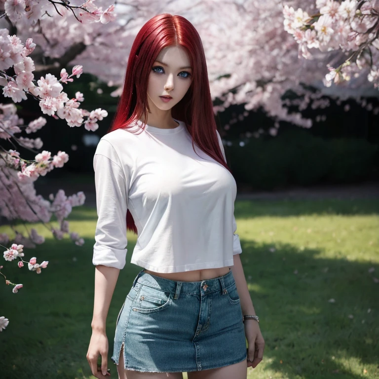 Ultra realistic, red-haired girl, seductive leaning forward detailed skin, pale-white (highlighted) skin, ultra realistic, 16k, high quality, picture-perfect, flawless, clean, masterpiece, professional artwork, detailed artwork, cinematic lighting, cinematic bloom, realistic shading, (long red hair)),(1girl, beautiful korean girl),perfect face, (young:1.1),((fit figure)),((25 year old)), beautiful face, beautiful turquoise-blue eyes (cute eyes look), detail eyes, detail face, (((perfect female body, narrow waist))),(large breasts:1.3)lora:GoodHands-beta2:1>, , ((girl standing)),upper body, white shirt and jeans skirt clothing (realistic texture), blade to side, strike pose,blade down,blade right hand,, cherry blossoms,, blurred background (masterpiece, best quality, high quality, highres, ultra-detailed), different poses at different angles.