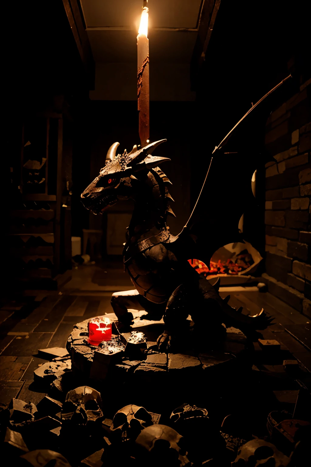 CREATE A DRAGON SURROUNDED BY SKULLS AND BLOOD