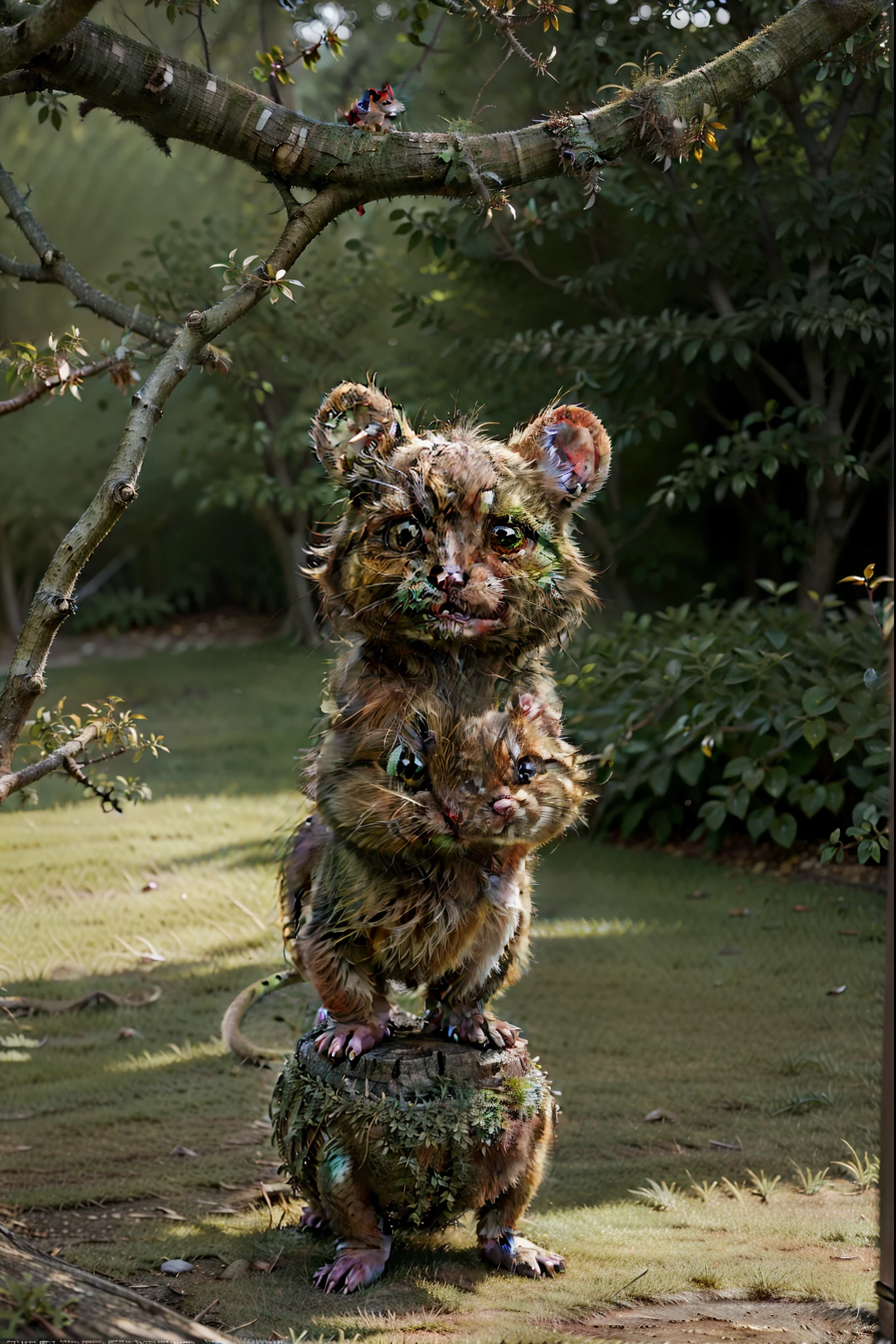 (best quality,highres),cute mouse,small little mouse,playful mouse,adorable little creature,brown furry body,fine whiskers,nimble paws,tiny round ears,curious eyes,soft fur,delicate detail,detailed little tail,mischievous expression,exploring the world,fun and energetic,running in the grass,playful interaction with objects,animated and lively scene,lively background,beautiful natural colors,vibrant green grass,sunlight filtering through trees,filtered lighting effect,rays of sunlight shining down,magical atmosphere,subtle shadows and highlights,naturalistic and lifelike rendering,photorealistic depiction,happy little creature,joyful energy,expressive body language.