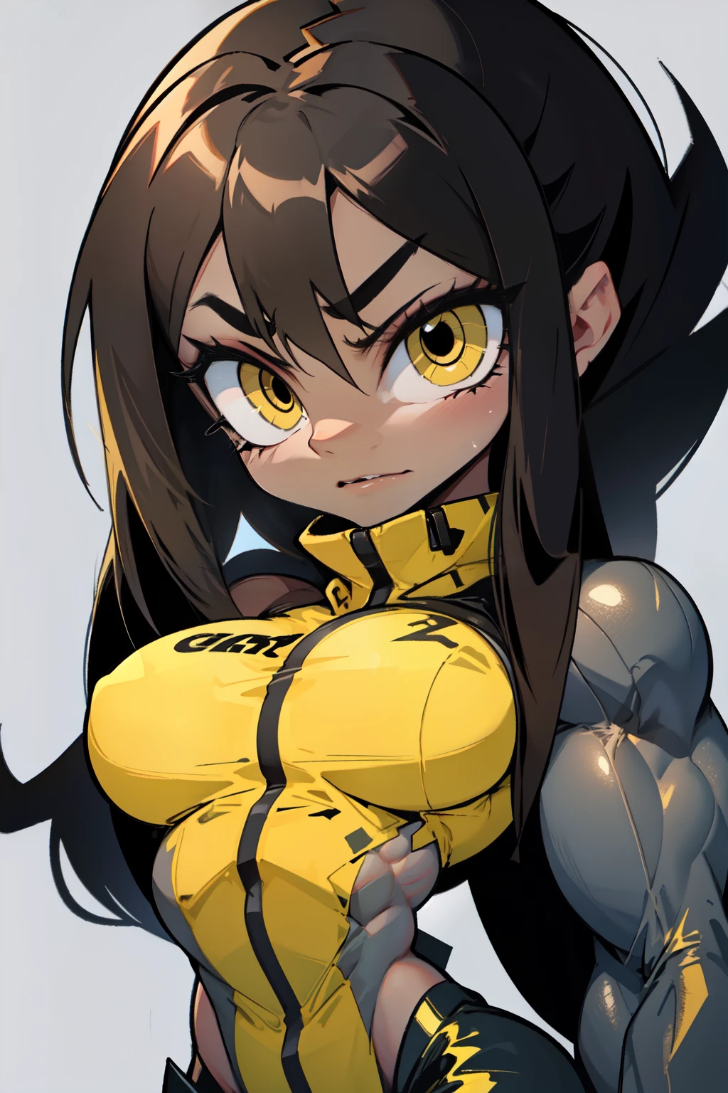girl (1girl muscular grey background pale skin bodybuilder huge breasts toned body thin waist) black hair yellow eyes straight hair sweaty hair between eyes skintight