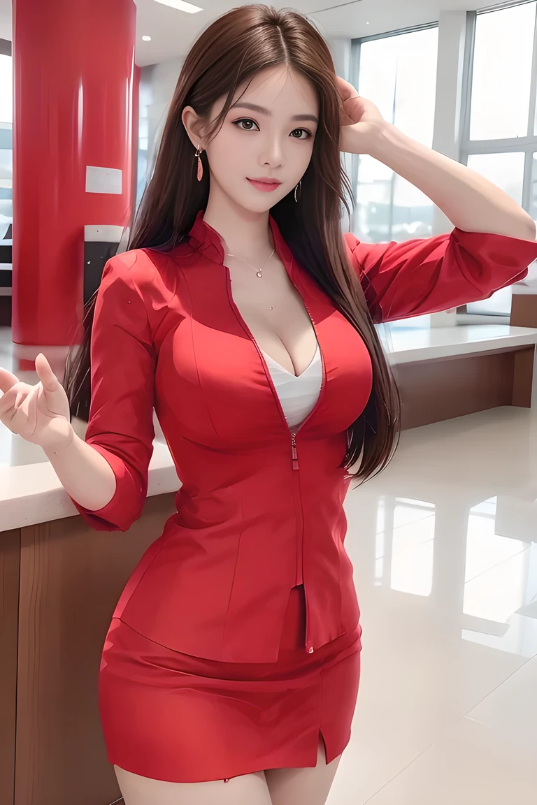 AirAsia red jacket uniform、Brown Hair、Luxury earrings、Captivating look、Blue Eyes、Young Asian Woman