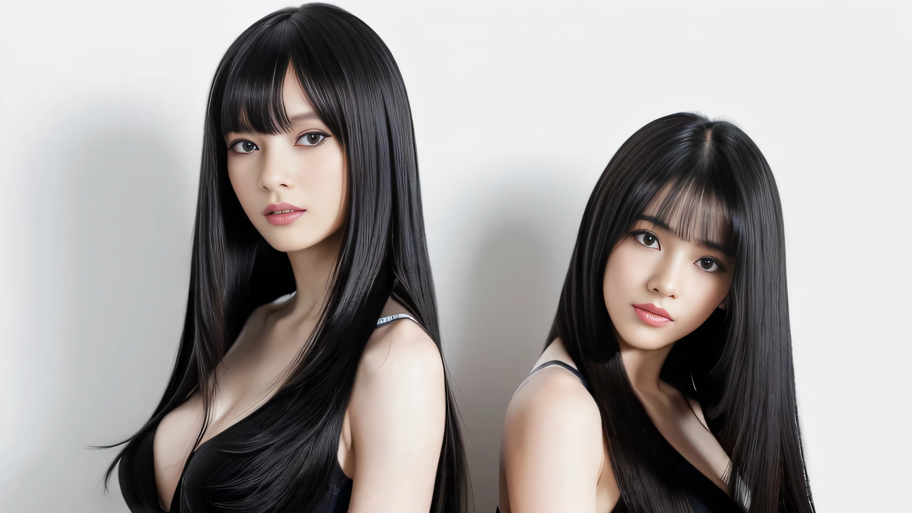 (Two identical twin hair models in the same space, Same pose with hands and feet on the ground and facing forward:1.6) ((Both of them are facing forward with both hands and feet on the ground., Shooting from the same angle:2.0)) (The two are identical clones, Wear the same clothes, They both have the same hairstyle:1.5, They both look the same.:1.5) ((Beautiful 24-year-old hair model with long black hair, girl with super length Hair, extremely length Hair, extra length Hair, very long, Flowing Hair, very length Hair, length Hair girl, very long, Flowing black hair, length Hair windy, Very long black hair, length, Flowing Hair,Incredibly long-lasting hair, length Hair!!!! Her highest quality hair is long and straight., very long, highest quality black hair, length hair in the center, Highest quality long straight hair, length, straight, beautiful, High quality hair, length and free black highest quality straight hair, length Hair, length and straight, highest quality black hair, Perfect silky straight hair of the highest quality, straight, highest quality black hair, length black straight hair, length, Thin black hair Her hair is long and straight, very long black hair, length hair in the center, length straight hair, length, straight, beautiful hair of the highest quality, length Hair, length, straight black hair, length and free straight black hair, straight black hair)) (Her bangs are perfect.:1.3) (Pure white wall background:1.8) (Japan's most sexy and beautiful 24-year-old beauty model) (She looks at the viewer with a very seductive expression.....) ((highest quality)), ((masterpiece)), (Familiar) (Get used to it) Perfect Face (Her skin is a typical Japanese skin color......、And very detailed) (Big Breasts:1.3) (She has a beautiful face and a typical Japanese figure...., Narrow eyes) (She has perfect beautiful makeup and face Lipstick is light red A solid eyeliner) ((Rich 1.4)) (Extremely detailed 8K) (Ultra-fine skin texture 1.4) (Actual, Vibrant:1.4), double eyelid Sharp focus:1.2、Beautiful woman:1.4 Dynamic Lighting (Genuine RAW photos taken by professional photographers) Professional Hair Shine. (She has a bright and cheerful face) (((途方もなくlengthBlack hair 1.3))) (length, Shiny black hair, その女性はlengthBlack hairをしている, lengthBlack hair, Waist-length hair, very lengthBlack hair, thick shining black hair, black silky hair, length and shiny hair, lengthBlack hair, length, Flat Hair Ridiculously long hair, Black shiny hair, Very shiny, Abnormally long hair, 厚く輝く異常にlengthBlack hair,Jet black silky hair Her hair is とてもlength and straight length, Voluminous black hair that reaches down to her ankles unusually long black hair, unusually long black hair, Very long black hair) (Her face is slim and dignified.., length, Narrow eyes..々Nice face) (They are are'They are'They're both wearing the same white lingerie:1.5)