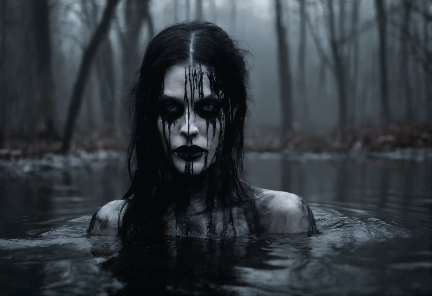 Half body shot of a pale white skin woman with black metal make-up, sickly, standing in a putrid pool in a dark forest, forest at night, horror movie, half body in water, she's in a lake of putrid water in a creepy forest, desaturated, foggy, lost in time, horror vibes, ultra detailed, photorealistic, masterpiece.