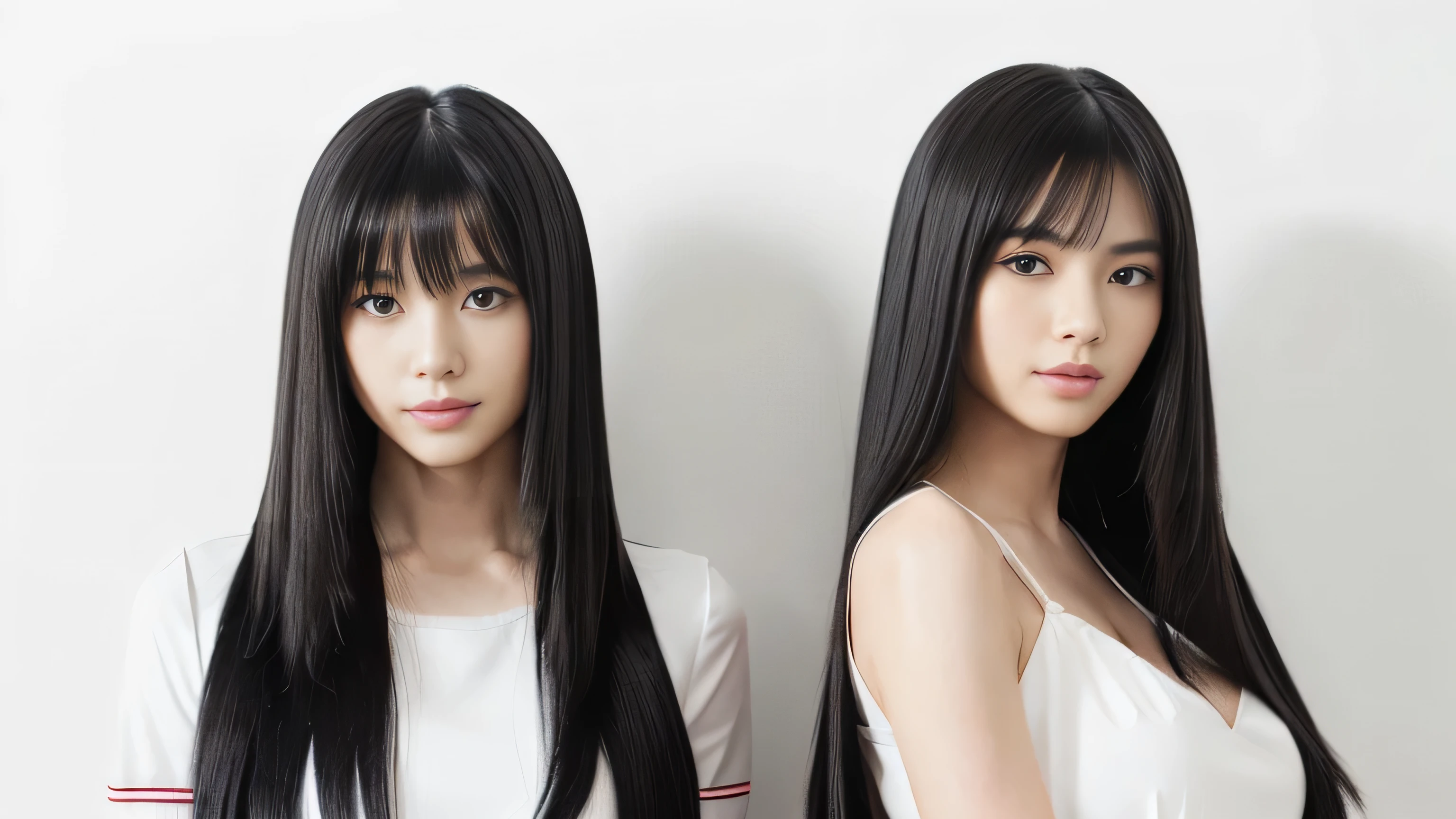 (Two identical twin hair models in the same space, Same pose with hands and feet on the ground and facing forward:1.6)　((Both of them are facing forward with both hands and feet on the ground., Shooting from the same angle:2.0))　(The two are identical clones, Wear the same clothes, They both have the same hairstyle:1.5, They both look the same.:1.5)　((Beautiful 24-year-old hair model with long black hair, girl with super length Hair, extremely length Hair, extra length Hair, very long, Flowing Hair, very length Hair, length Hair girl, very long, Flowing black hair, length Hair windy, Very long black hair, length, Flowing Hair,Incredibly long-lasting hair, length Hair!!!!　Her highest quality hair is long and straight., very long, highest quality black hair, length hair in the center, Highest quality long straight hair, length, straight, beautiful, High quality hair, length and free black highest quality straight hair, length Hair, length and straight, highest quality black hair, Perfect silky straight hair of the highest quality, straight, highest quality black hair, length black straight hair, length, Thin black hair　Her hair is long and straight, very long black hair, length hair in the center, length straight hair, length, straight, beautiful hair of the highest quality, length Hair, length, straight black hair, length and free straight black hair, straight black hair))　(Her bangs are perfect.:1.3)　(Pure white wall background:1.8)　(Japan&#39;s most sexy and beautiful 24-year-old beauty model)　(She looks at the viewer with a very seductive expression.....)　((highest quality)), ((masterpiece)), (Familiar)　(Get used to it)　Perfect Face　　(Her skin is a typical Japanese skin color......、And very detailed)　　(Big Breasts:1.3)　(She has a beautiful face and a typical Japanese figure...., Narrow eyes)　(She has perfect beautiful makeup and face　Lipstick is light red　A solid eyeliner)　((Rich 1.4))　(Extremely detailed 8K)　(Ultra-fine skin texture 1.4)　(Actual, Vibrant:1.4), double eyelid　Sharp focus:1.2、Beautiful woman:1.4　Dynamic Lighting　(Genuine RAW photos taken by professional photographers)　　Professional Hair Shine.　(She has a bright and cheerful face)　　(((途方もなくlengthBlack hair 1.3)))　(length, Shiny black hair, その女性はlengthBlack hairをしている, lengthBlack hair, Waist-length hair, very lengthBlack hair, thick shining black hair, black silky hair, length and shiny hair, lengthBlack hair, length, Flat Hair　Ridiculously long hair, Black shiny hair, Very shiny, Abnormally long hair, 厚く輝く異常にlengthBlack hair,Jet black silky hair　Her hair is とてもlength and straight　length, Voluminous black hair that reaches down to her ankles　unusually long black hair, unusually long black hair, Very long black hair)　(Her face is slim and dignified.., length, Narrow eyes..々Nice face)　(They are are&#39;They are&#39;They&#39;re both wearing the same white lingerie:1.5)