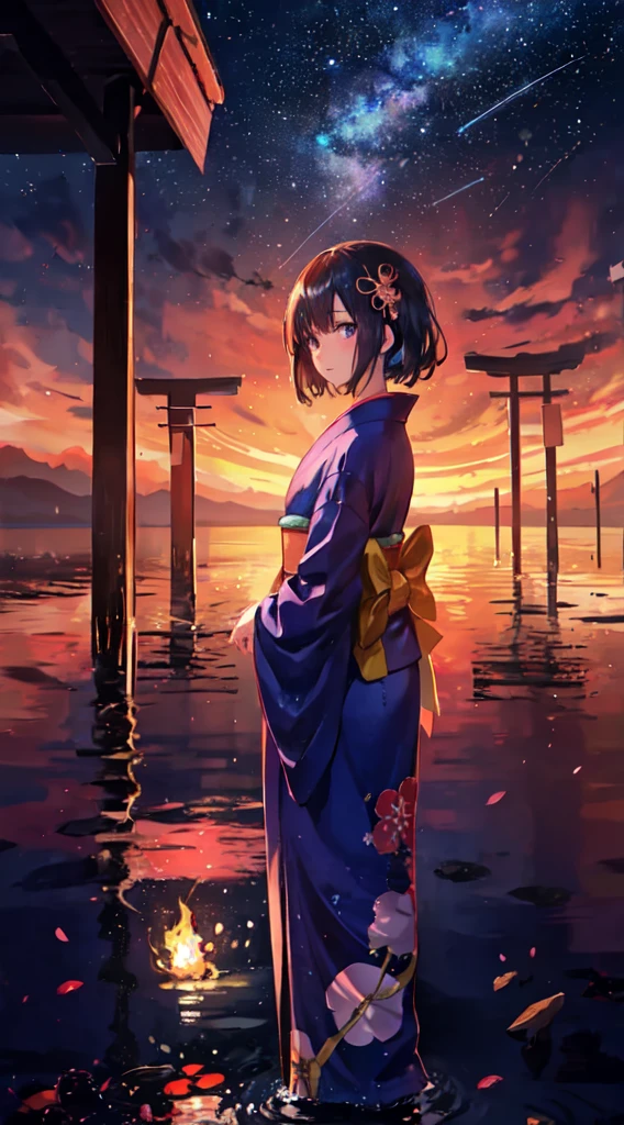 1girl, distant girl wearing a kimono staring at the stars, (zoomed out:1.1), (meteor shower:1.2), (comet:1.1), your name, low angle, from behind, aroura borealis, shooting star, yukata, red kimono, cherry blossoms, standing in a field,best quality, masterpiece, cloud,colorful, starry,stars,