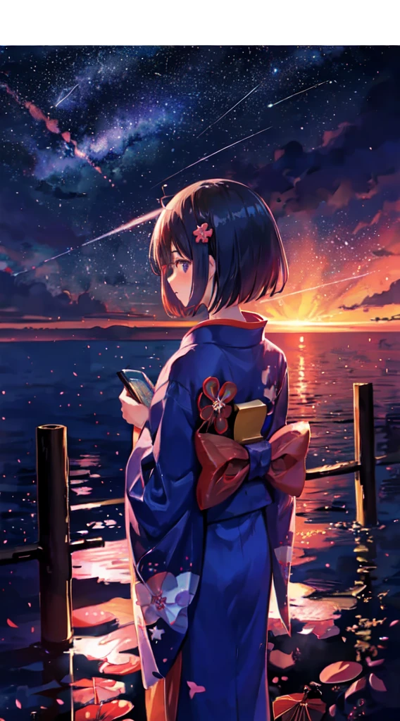 1girl, distant girl wearing a kimono staring at the stars, (zoomed out:1.1), (meteor shower:1.2), (comet:1.1), your name, low angle, from behind, aroura borealis, shooting star, yukata, red kimono, cherry blossoms, standing in a field,best quality, masterpiece, cloud,colorful, starry,stars,