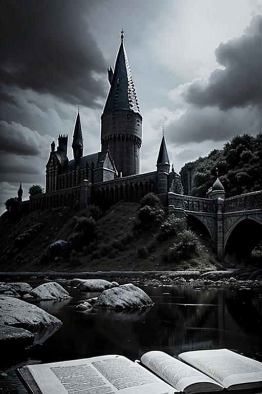 haz un dibujo del castillo de harry potter y unos libros en blanco y negro