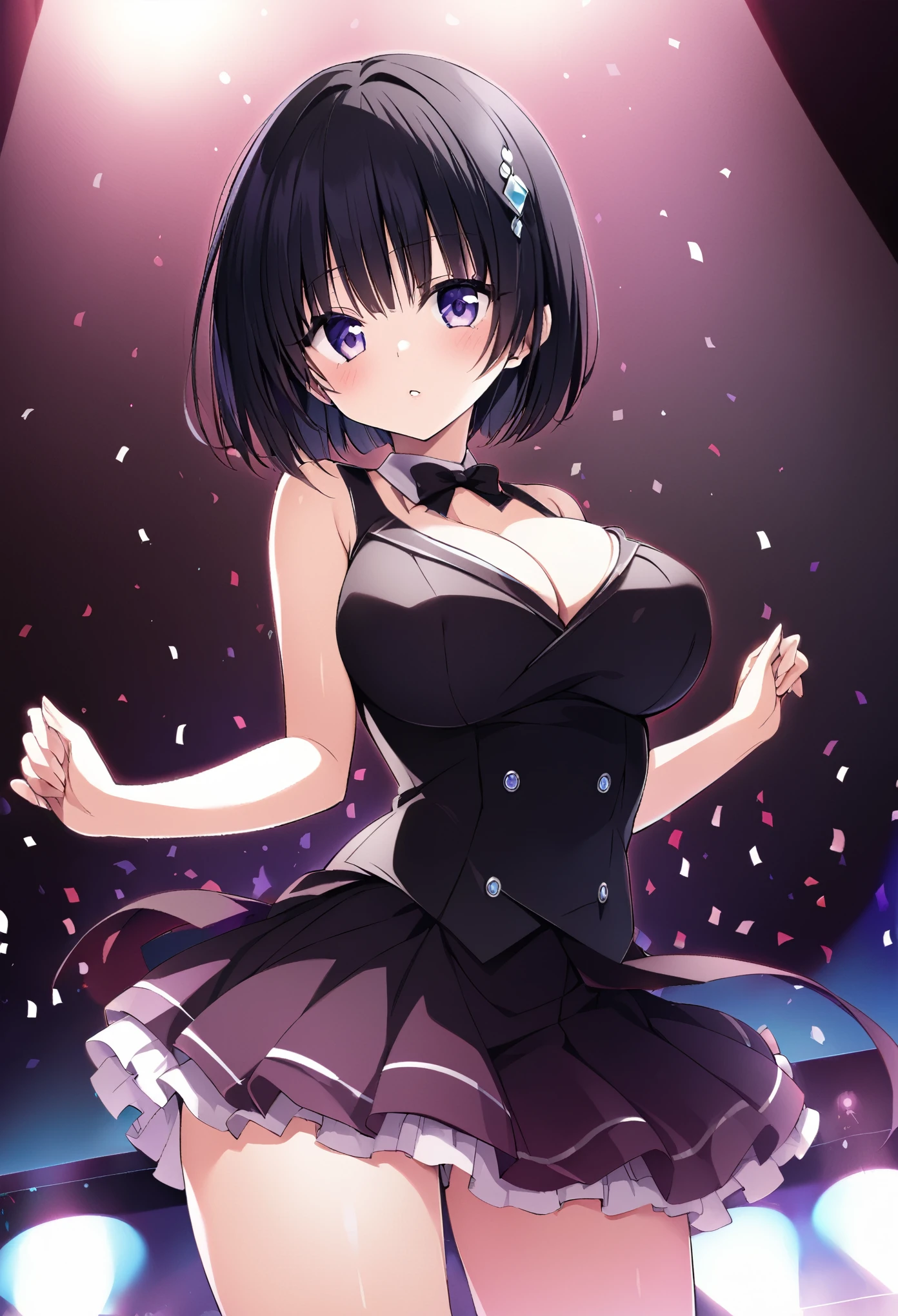 kirisaki kyouko, , bob cut, short hair, black hair, purple eyes,　　,　live stage, Big Breasts, formal dress　SOLO