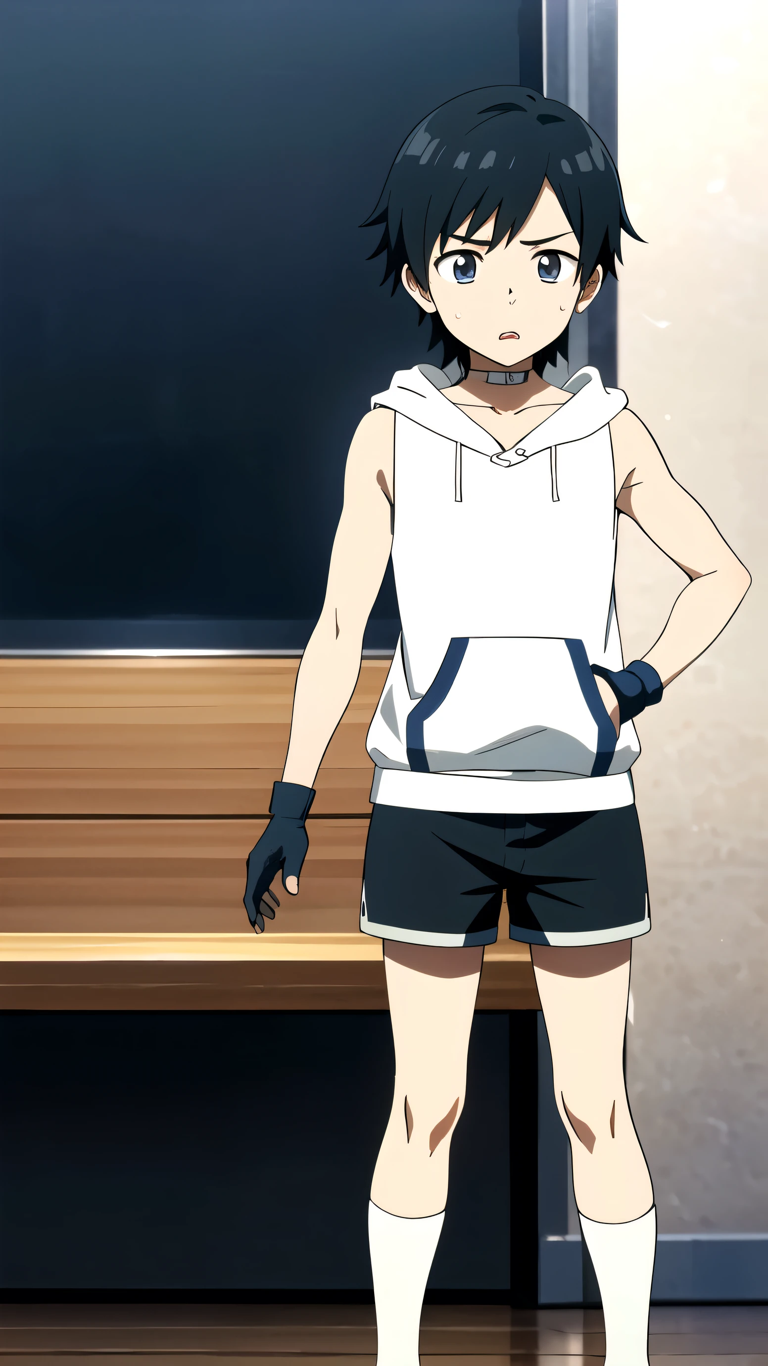 Highres, Masterpiece, Best quality at best,Best Quality,hight quality, hight detailed, 1boy, Boy, Solo, Fluffy hair, Side bangs, Shota, Sleeveless hoodie, Choker, Glove, Sleeve cover, Collarbone, Depth of field, Anime screencap style, thin line, knee up image, Shorts, Seen from the front, Little sweat, Kpop, Cute boy, (very small and short stature), (very young boy), 12-year-old boys, Blurry and simple beckground, bokeh, Uhd