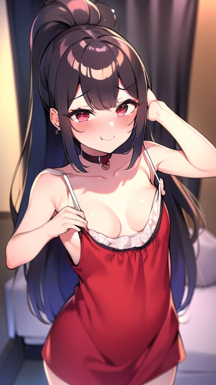 Adulta joven, Cabello negro ondulado, mirada penetrante con ojos profundos de color rojo, estatura promedio, Silky hair with a ponytail hairstyle collected with a red bow with two white lines, tiene pechos, primer plano, Session, standing in the middle of his room [[[[pervertida]]] , Sonrojada, mini dress transparent lingerie, NSFW