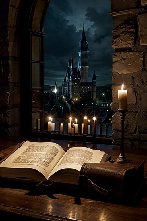 haz un dibujo del castillo de harry potter y unos libros