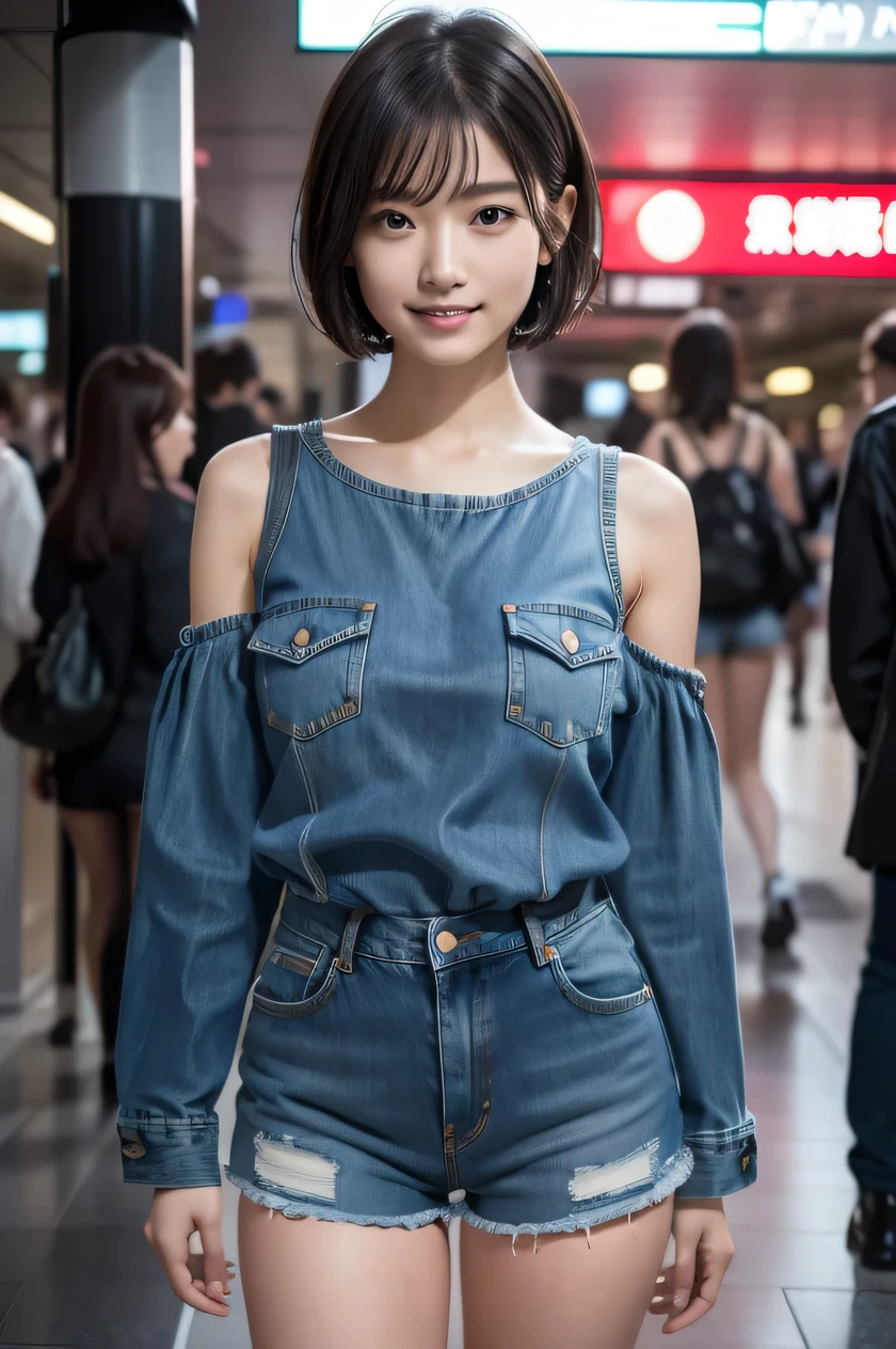 The beauty of 8K raw photos:2.0, Japanese woman, short hair, beautiful face and dark eyes, looking down, looking at the viewer:1.5, big smile, wet hair, tiny top, (denim shorts:1.2), shinny skin, open wide legs, realistic:1.9, very detailed, full body shot:1.2, High resolution RAW color photos, professional photos, Taken at the underground station, girl sexy portrait