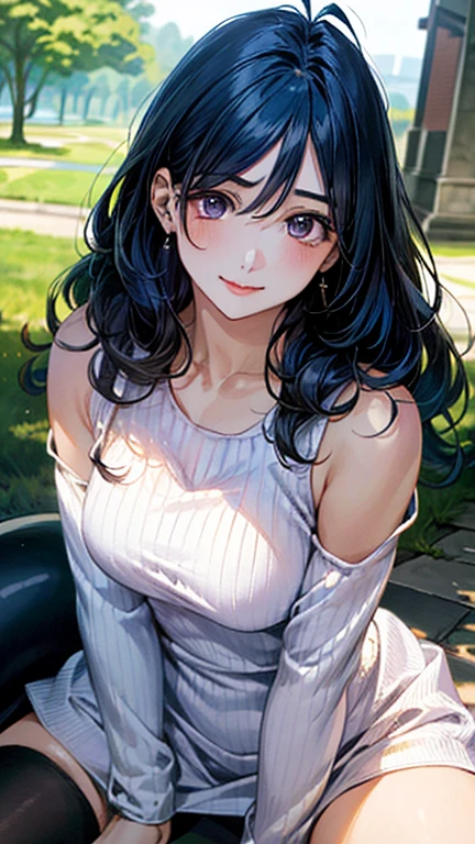 (masterpiece:1.3, top-quality, ultra high res, ultra detailed), (realistic, photorealistic:1.4), beautiful illustration, perfect lighting, natural lighting, colorful, depth of fields, ,
beautiful detailed hair, beautiful detailed face, beautiful detailed eyes, beautiful clavicle, beautiful body, beautiful chest, beautiful thigh, beautiful legs, beautiful fingers, 
looking at viewer, 1 girl, japanese, high school girl, (perfect anatomy, anatomically correct), cute and symmetrical face, babyface, perfect face, perfect eyes, shiny skin, slender, 
(long hair:1.7, wavy hair:0.8, blue hair), antenna hair, hair between eyes, emerald black eyes, long eye lasher, (large breasts:0.8, seductive thighs), 
((long sleeve light purple knit dress, black tube top)), 
(beautiful scenery), summer, evening, (school), (lovely smile, upper eyes),