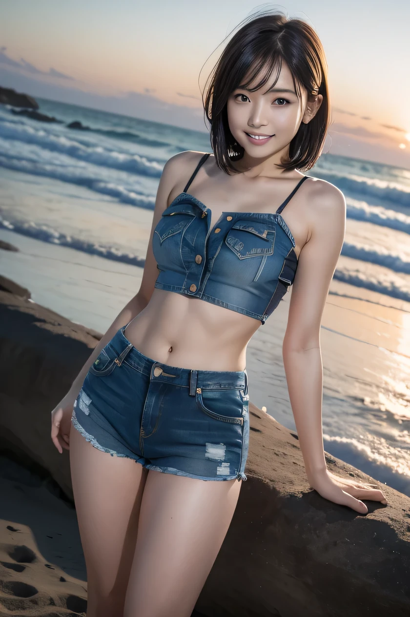The beauty of 8K raw photos:2.0, Japanese woman, short hair, beautiful face and dark eyes, looking down, looking at the viewer:1.5, big smile, wet hair, tiny top, (denim shorts:1.2), shinny skin, open wide legs, realistic:1.9, very detailed, full body shot:1.2, High resolution RAW color photos, professional photos, Taken at the beach at dawn, girl sexy portrait