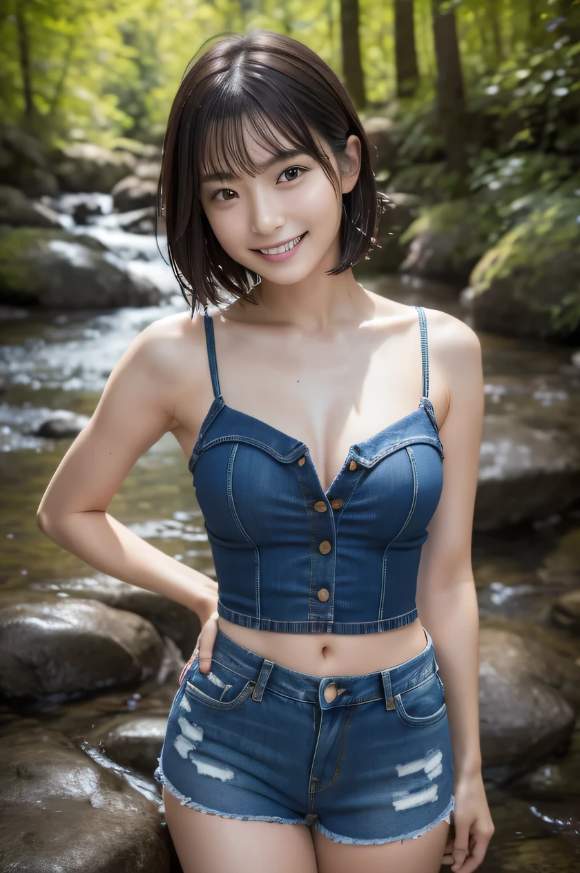 The beauty of 8K raw photos:2.0, Japanese woman, short hair, beautiful face and dark eyes, looking down, looking at the viewer:1.5, big smile, wet hair, tiny top, (denim shorts:1.2), shinny skin, open wide legs, realistic:1.9, very detailed, full body shot:1.2, High resolution RAW color photos, professional photos, Taken at the forest at dawn, girl sexy portrait