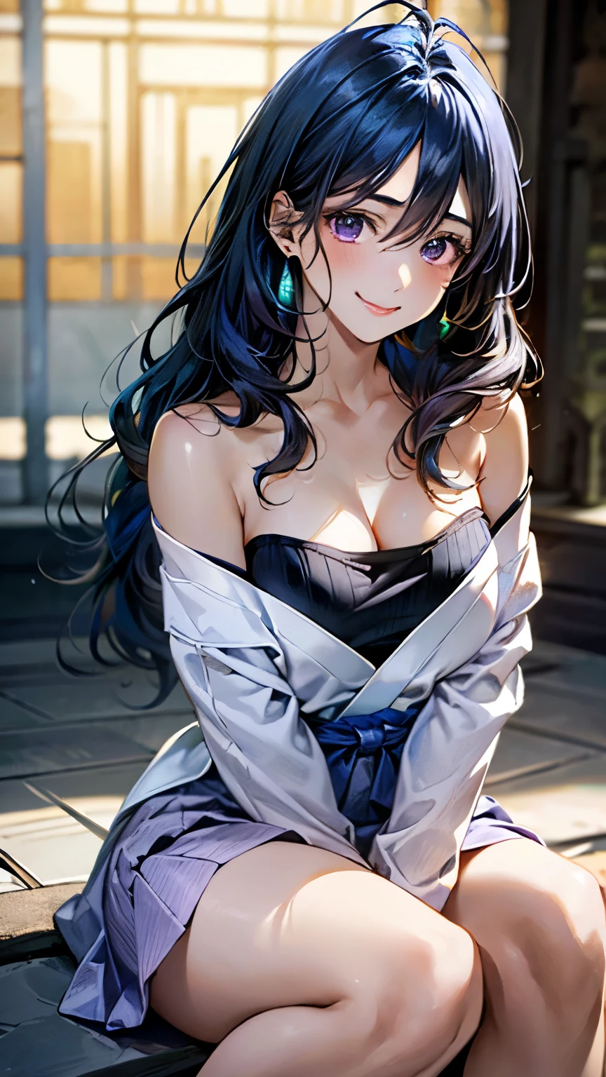 (masterpiece:1.3, top-quality, ultra high res, ultra detailed), (realistic, photorealistic:1.4), beautiful illustration, perfect lighting, natural lighting, colorful, depth of fields, ,
beautiful detailed hair, beautiful detailed face, beautiful detailed eyes, beautiful clavicle, beautiful body, beautiful chest, beautiful thigh, beautiful legs, beautiful fingers,
looking at viewer, 1 girl, japanese, high school girl, (perfect anatomy, anatomically correct), cute and symmetrical face, babyface, perfect face, perfect eyes, shiny skin, slender,
(long hair:1.7, wavy hair:0.8, blue hair), antenna hair, hair between eyes, emerald black eyes, long eye lasher, (large breasts:0.8, seductive thighs),
((long sleeve light purple knit dress, black tube top)),
(beautiful scenery), summer, evening, (school), (lovely smile, upper eyes),