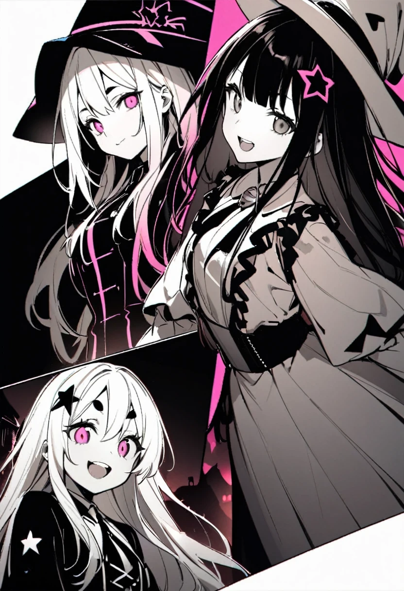 Young Girls、Humanity、The magician who always smiles、big witch hat 、Lovely、Long hair、dull eyes、Bangs are very heavy、thin eyebrows、fantasy、Admission、Double teeth、star pattern、Constellation pattern monochrome clothing exterior decoration、A bit dark atmosphere、a little crazy smile、Night outside，when the big moon shines、Backflow of blood、black star hair accessories、Short tie、no nails、High waist skirt、Bell sleeves、Long-sleeved shirt、Black Tie、and white effect、Shocking pink as an accent color